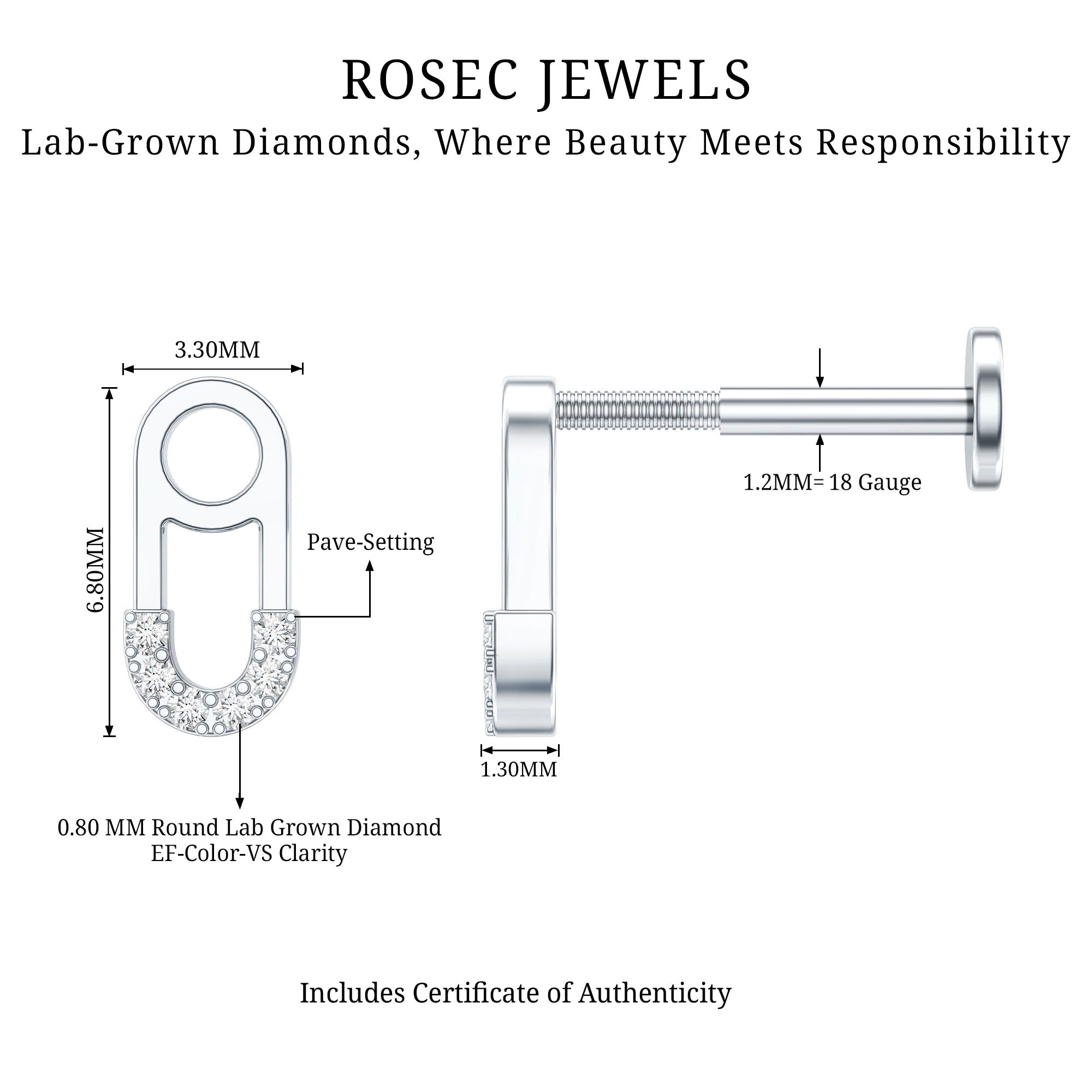 Diamond Pin Earring for Helix Piercing Lab - ( EF-VS ) - Rosec Jewels
