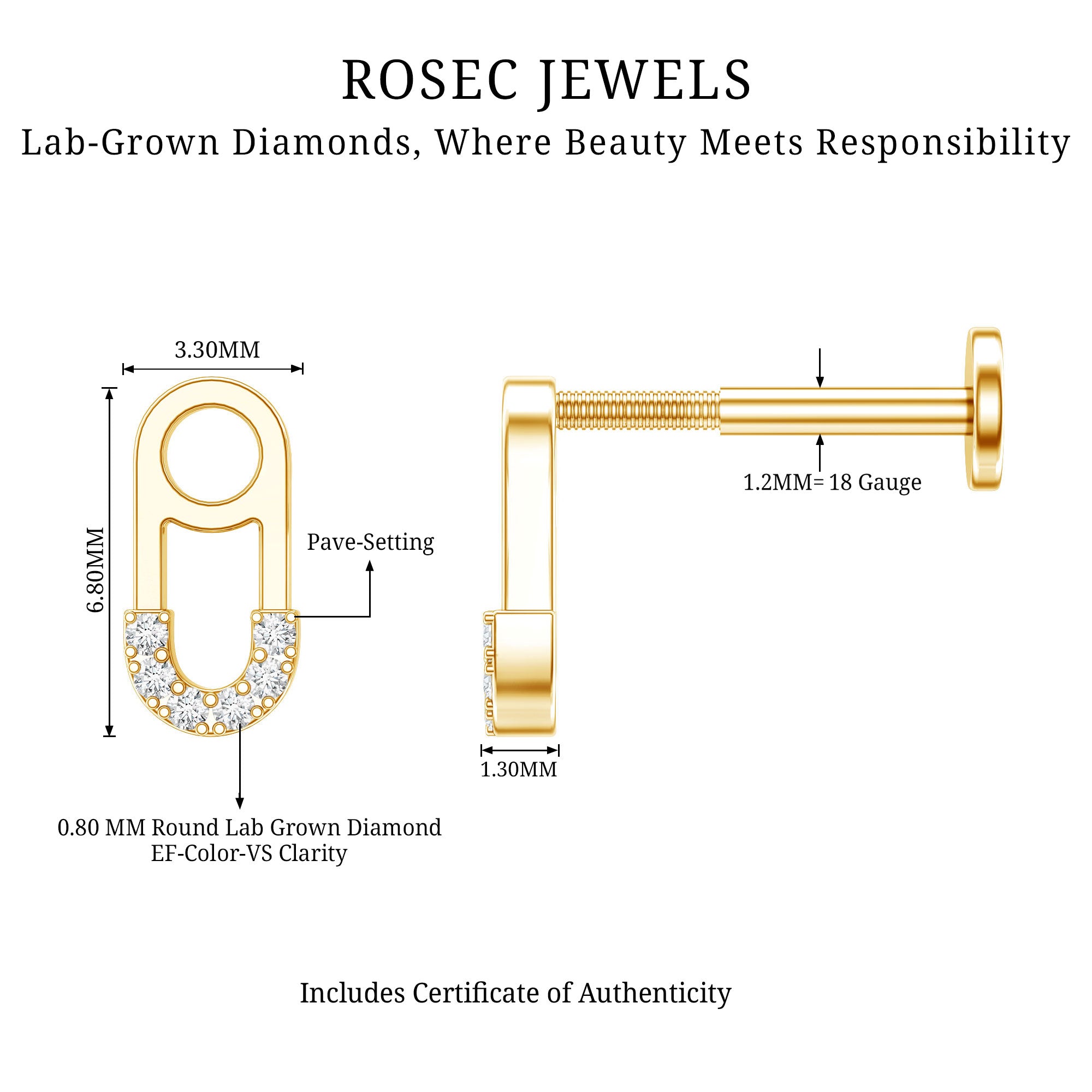 Diamond Pin Earring for Helix Piercing Lab - ( EF-VS ) - Rosec Jewels