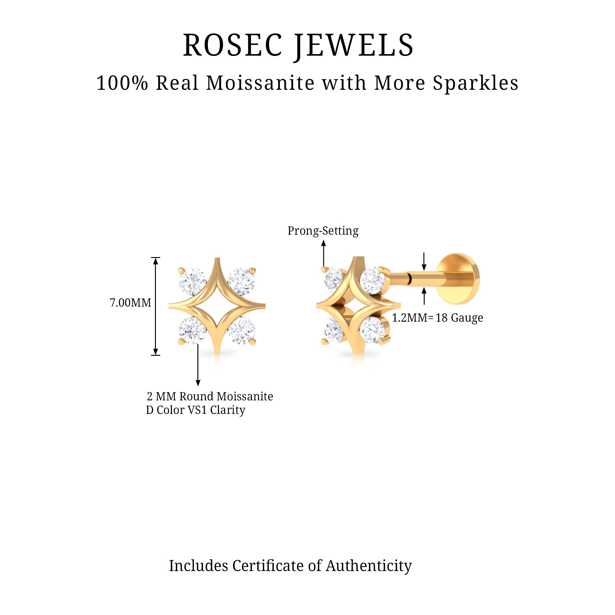Round Moissanite Star Earring for Helix Piercing D-VS1 - Rosec Jewels