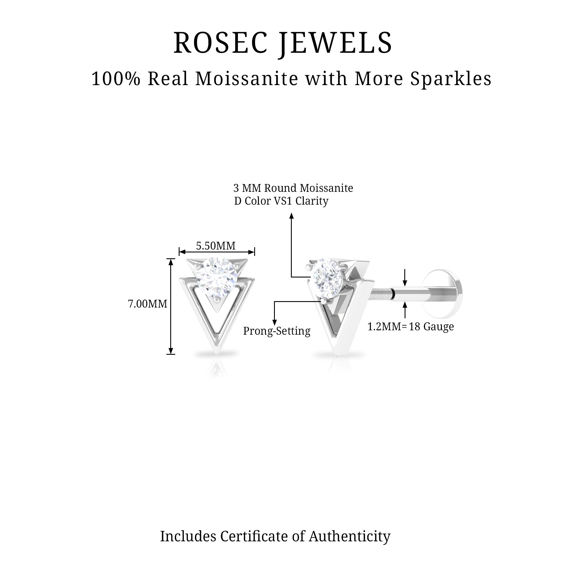 Certified Moissanite Triangle Tragus Earring D-VS1 - Rosec Jewels