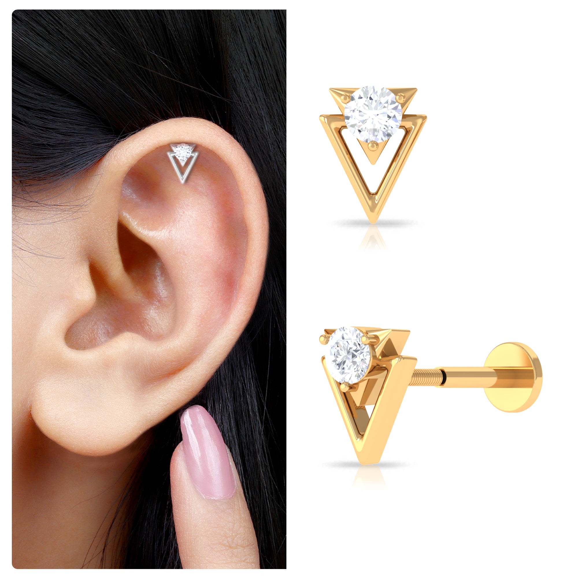 Certified Moissanite Triangle Tragus Earring D-VS1 - Rosec Jewels