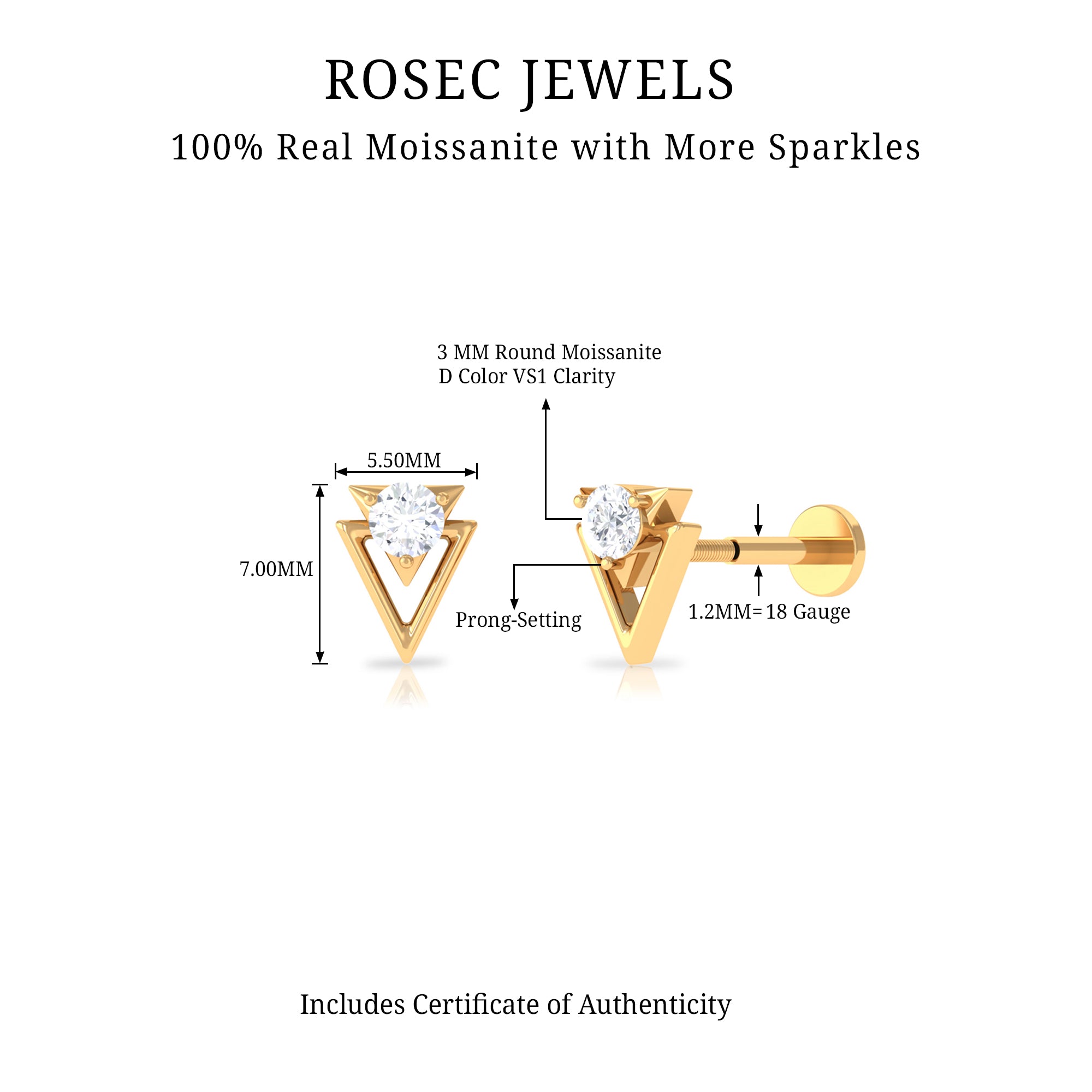 Certified Moissanite Triangle Tragus Earring D-VS1 - Rosec Jewels