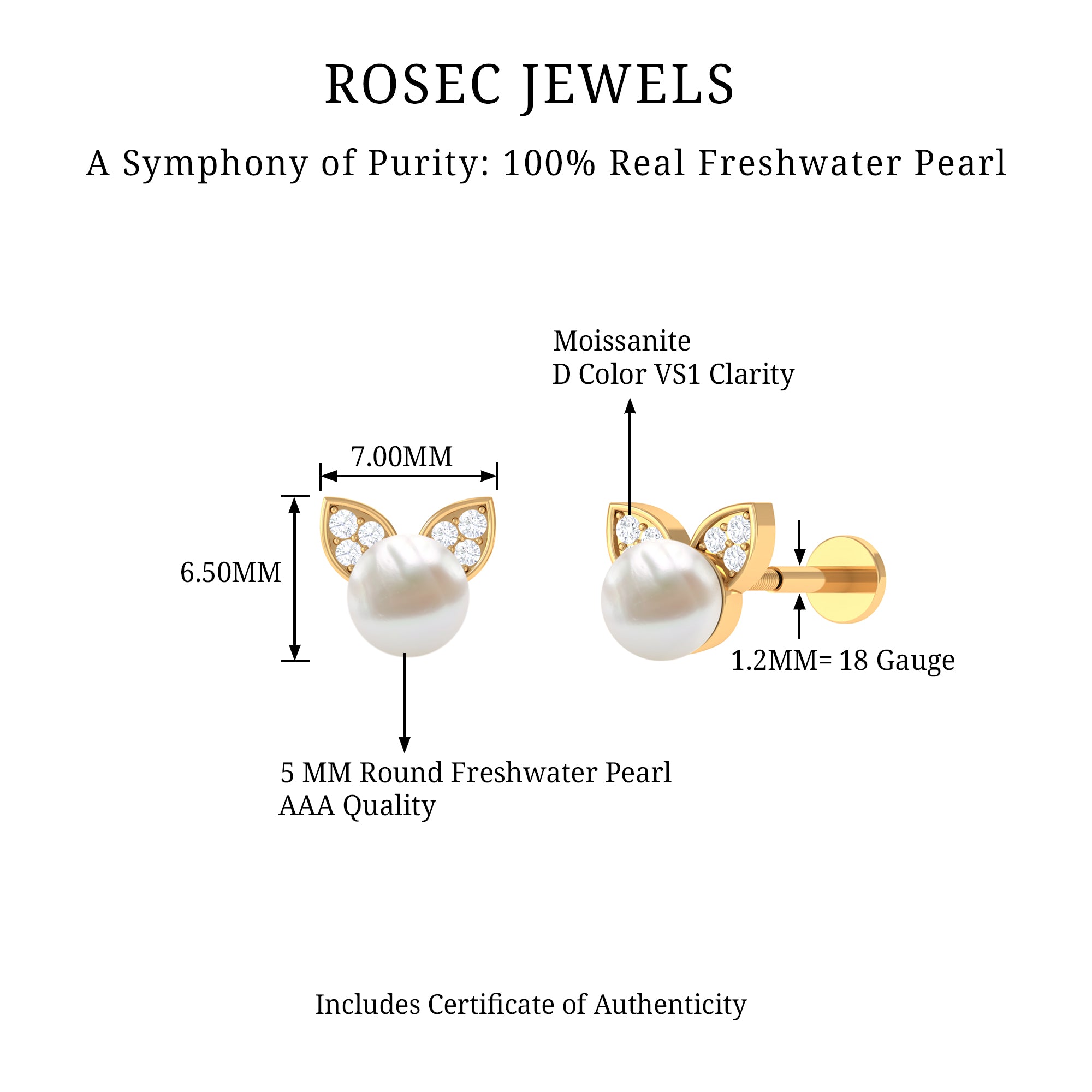 Rosec Jewels-Cute Freshwater Pearl and Moissanite Cat Cartilage Earring