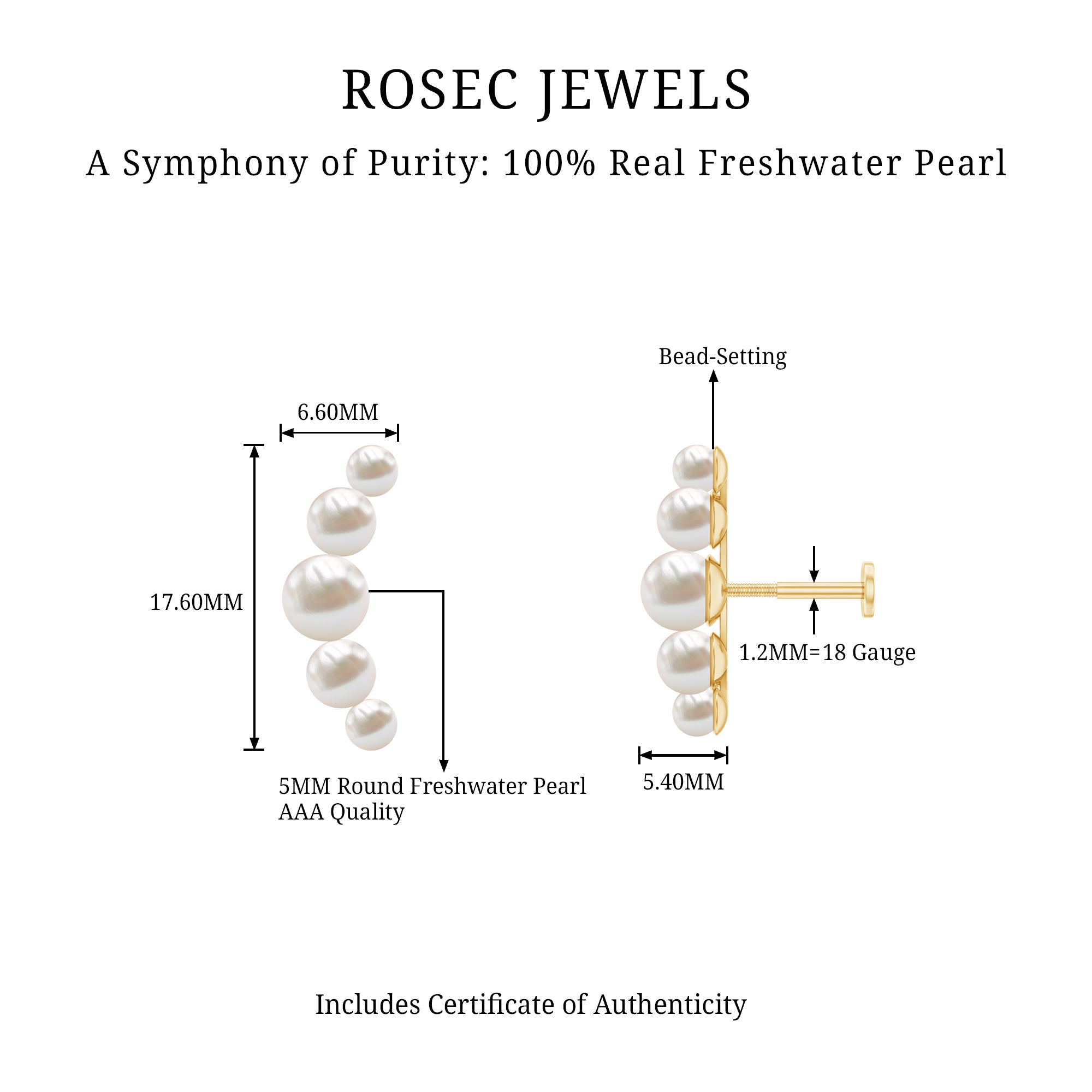Round Freshwater Pearl Crawler Earring for Women AAA - Rosec Jewels