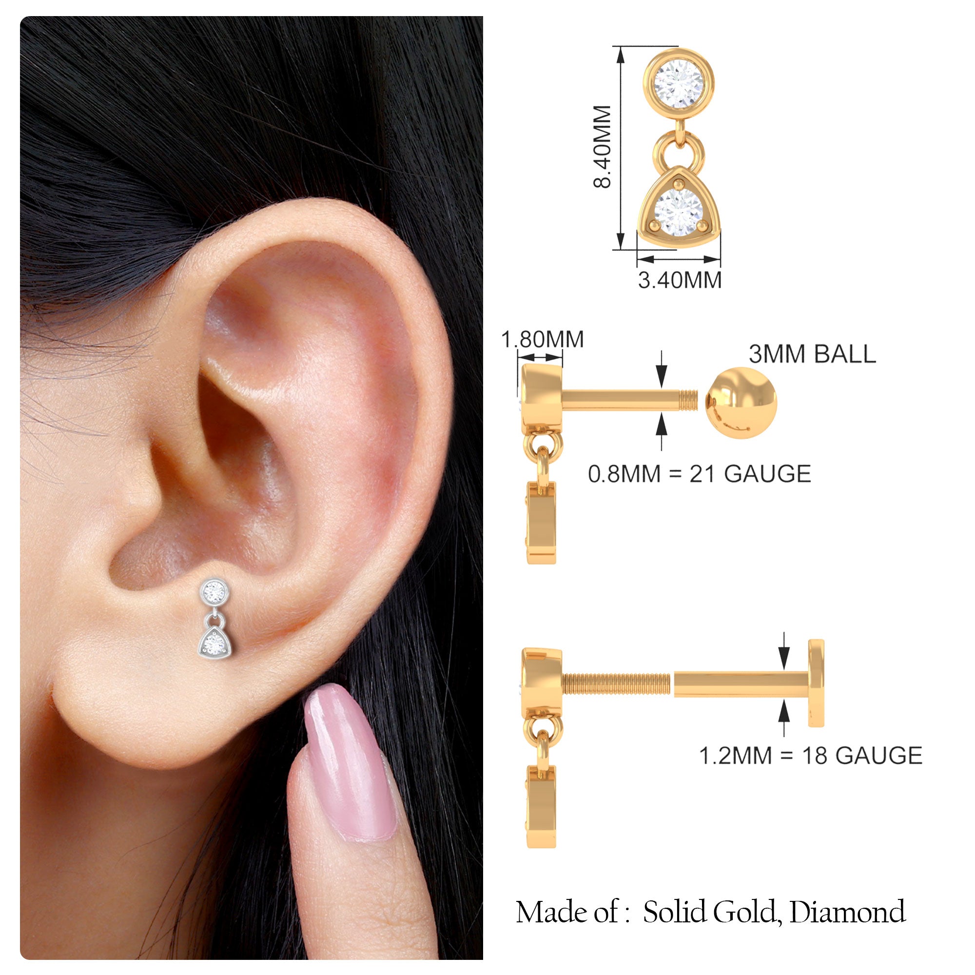Genuine Diamond Drop Earring for Helix Piercing Natural - ( HI-SI ) - Rosec Jewels