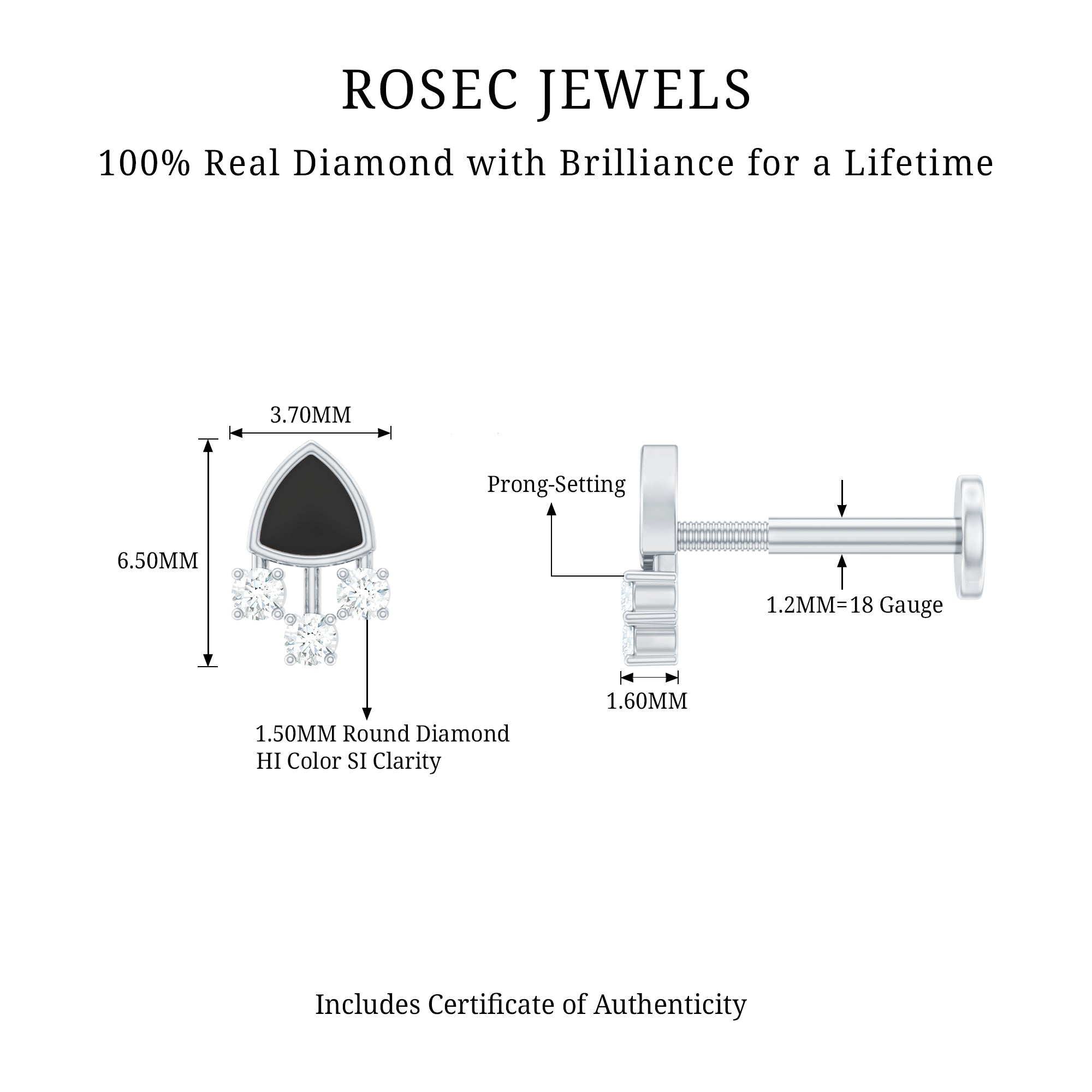 Genuine Diamond and Black Enamel Unique Tragus Earring Natural - ( HI-SI ) - Rosec Jewels