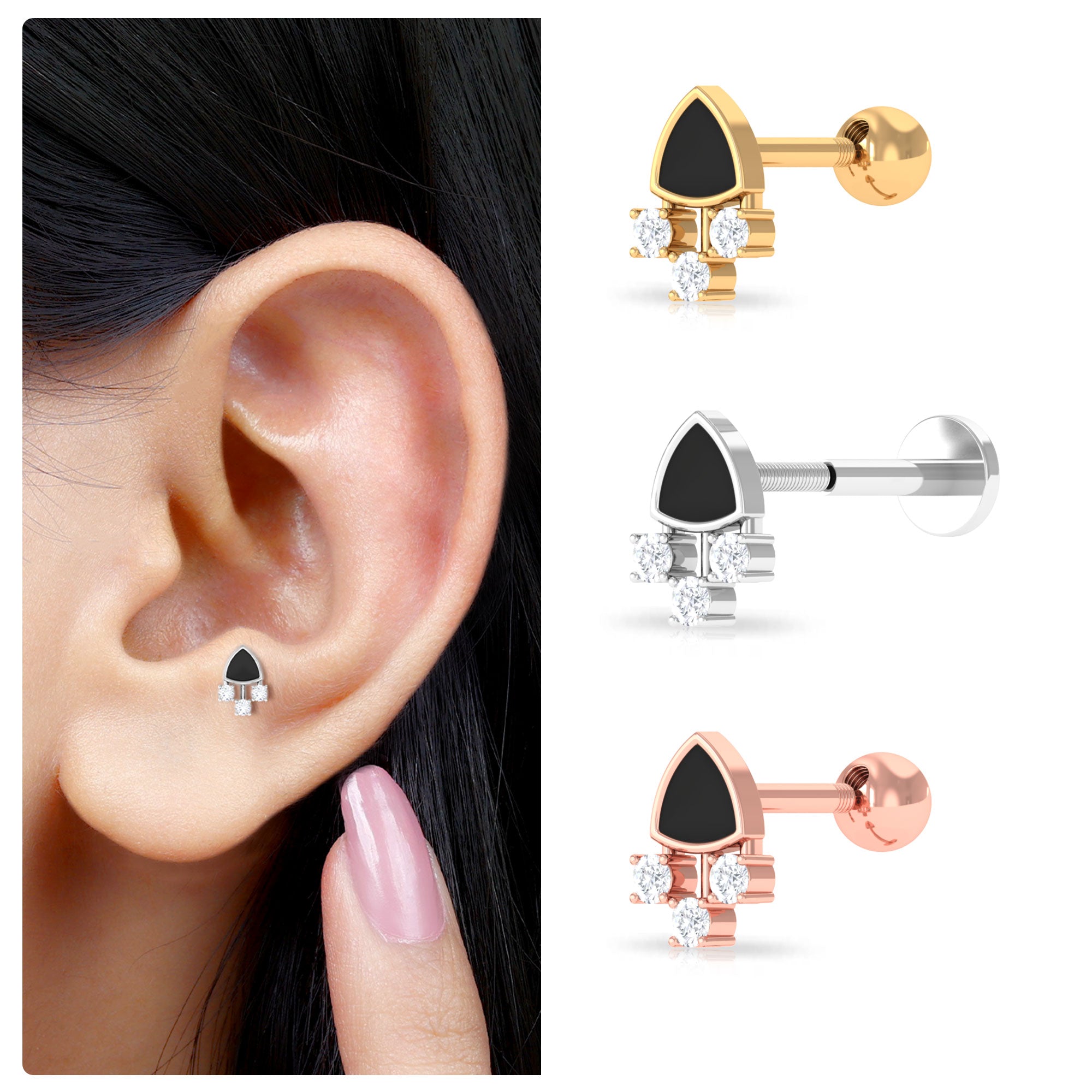Genuine Diamond and Black Enamel Unique Tragus Earring Natural - ( HI-SI ) - Rosec Jewels