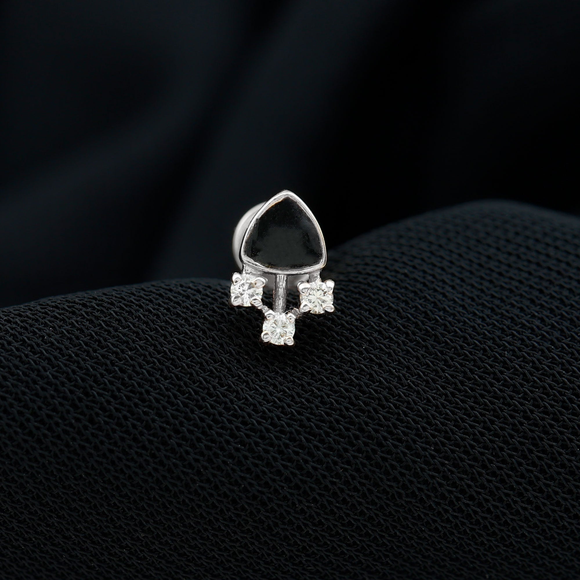 Genuine Diamond and Black Enamel Unique Tragus Earring Natural - ( HI-SI ) - Rosec Jewels