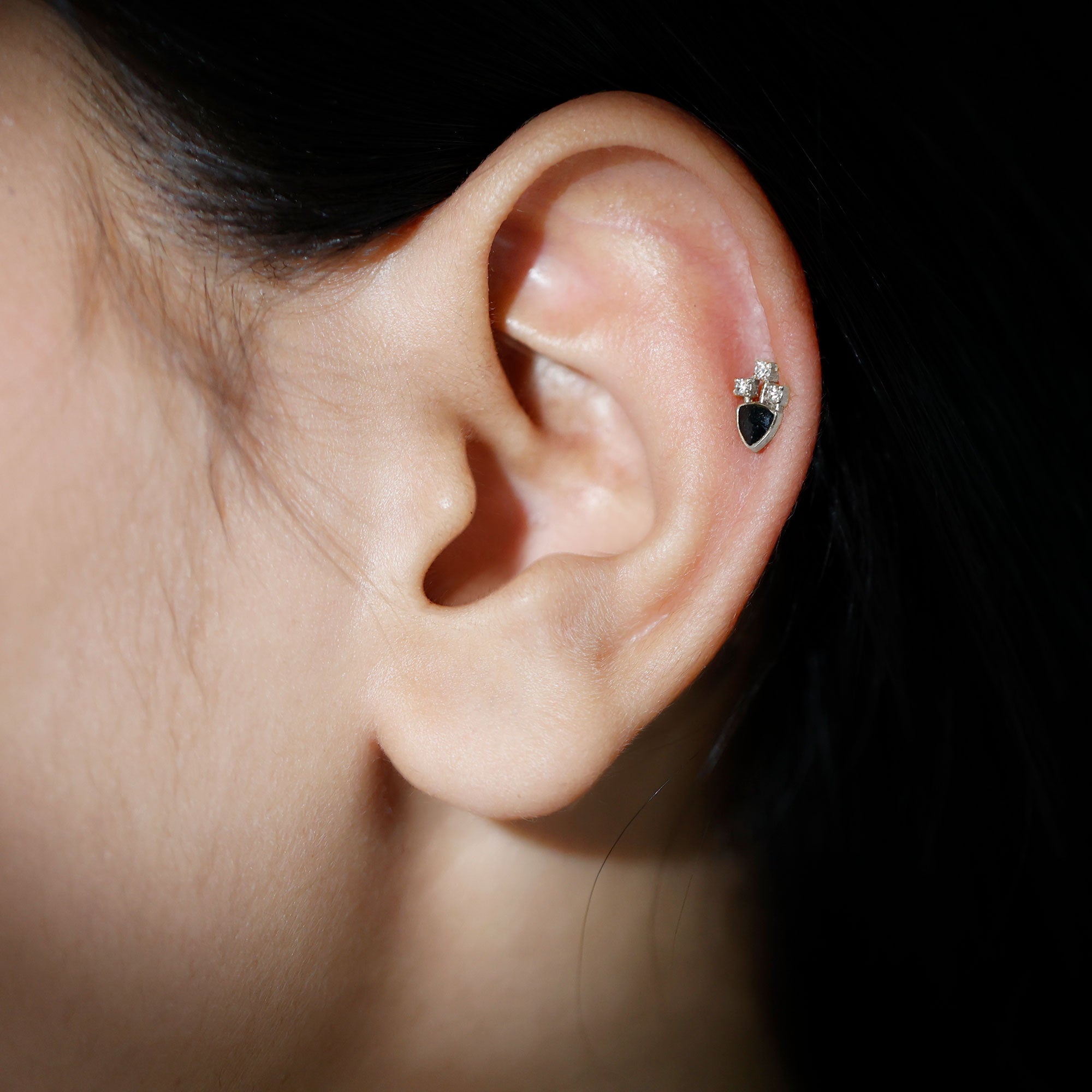 Genuine Diamond and Black Enamel Unique Tragus Earring Natural - ( HI-SI ) - Rosec Jewels