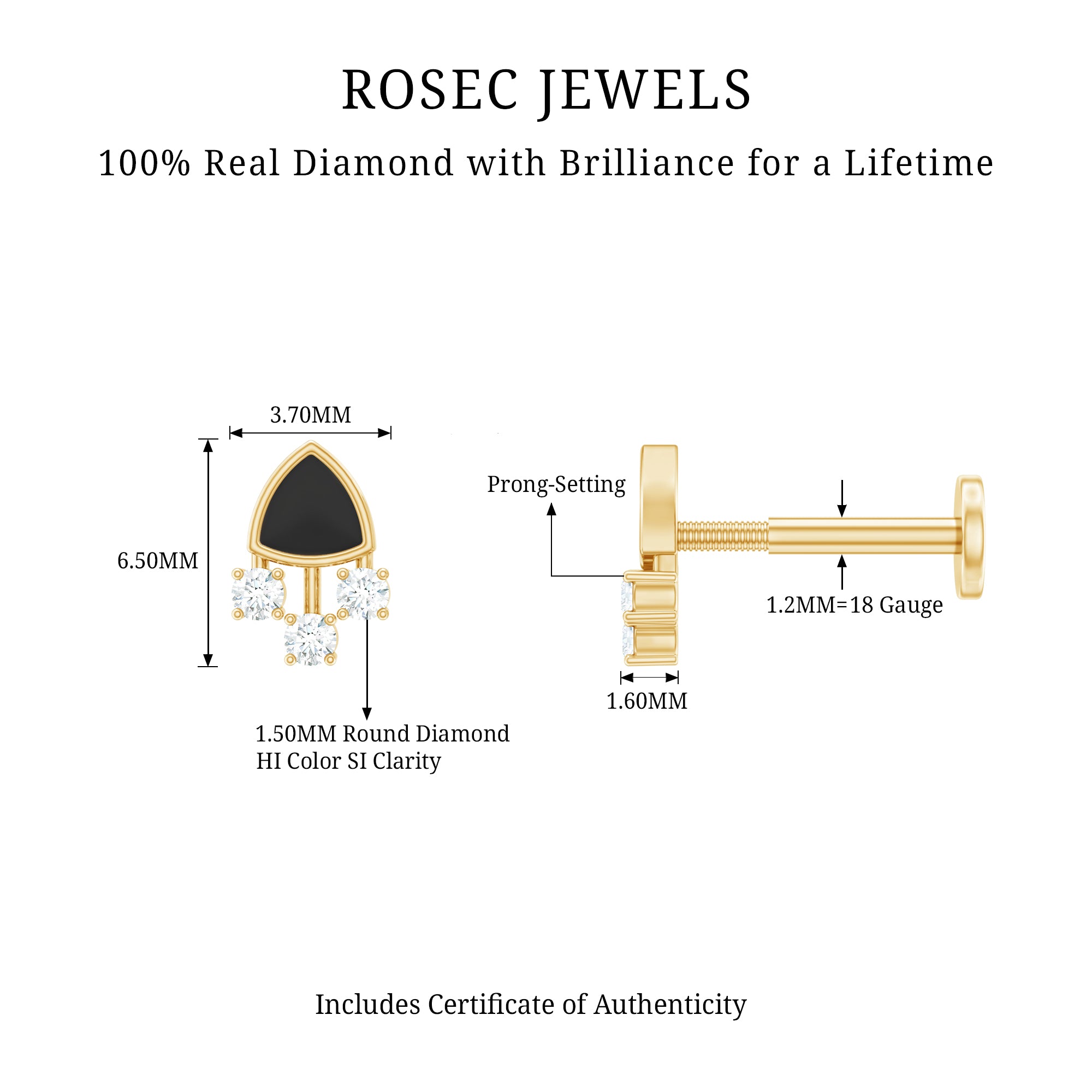 Genuine Diamond and Black Enamel Unique Tragus Earring Natural - ( HI-SI ) - Rosec Jewels