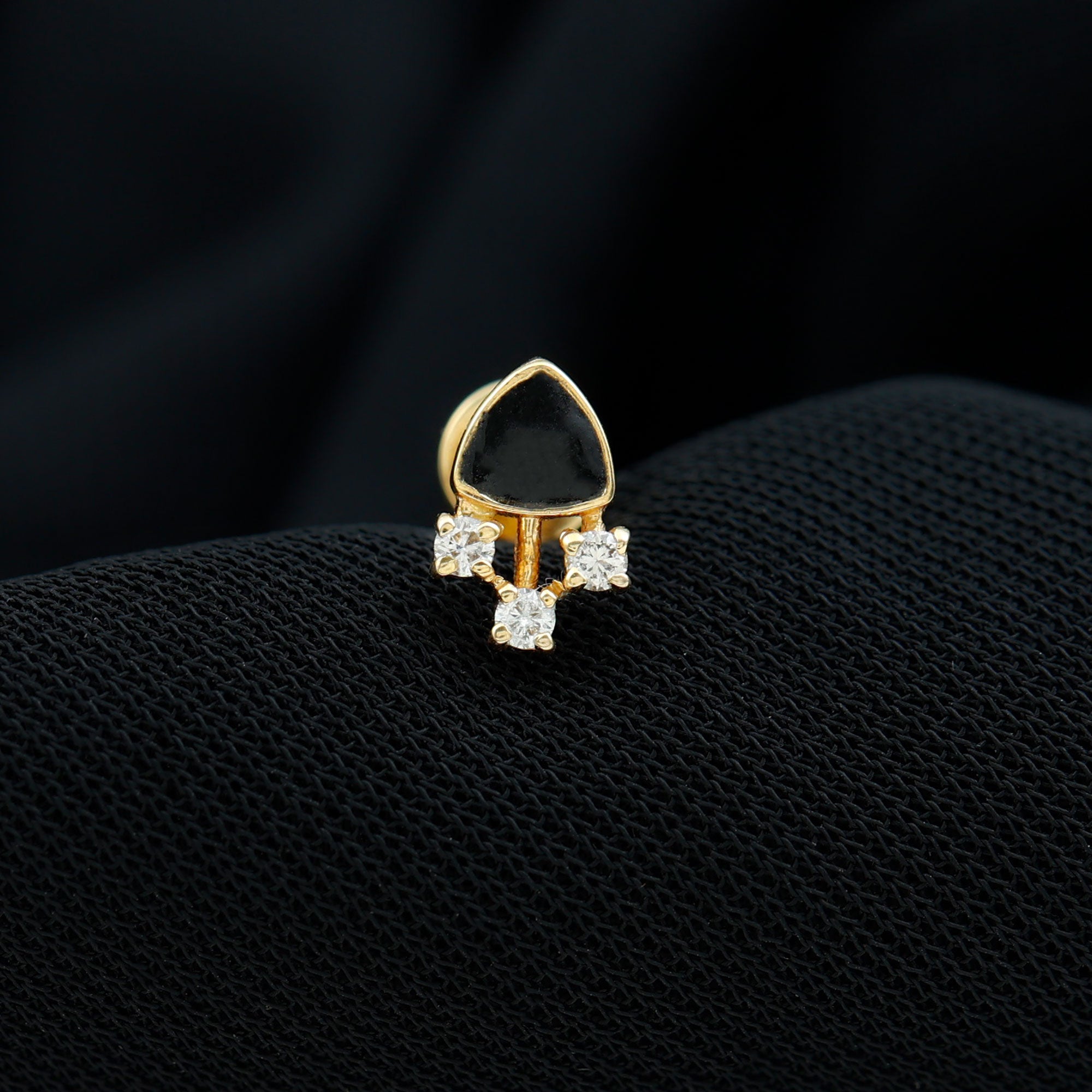 Genuine Diamond and Black Enamel Unique Tragus Earring Natural - ( HI-SI ) - Rosec Jewels