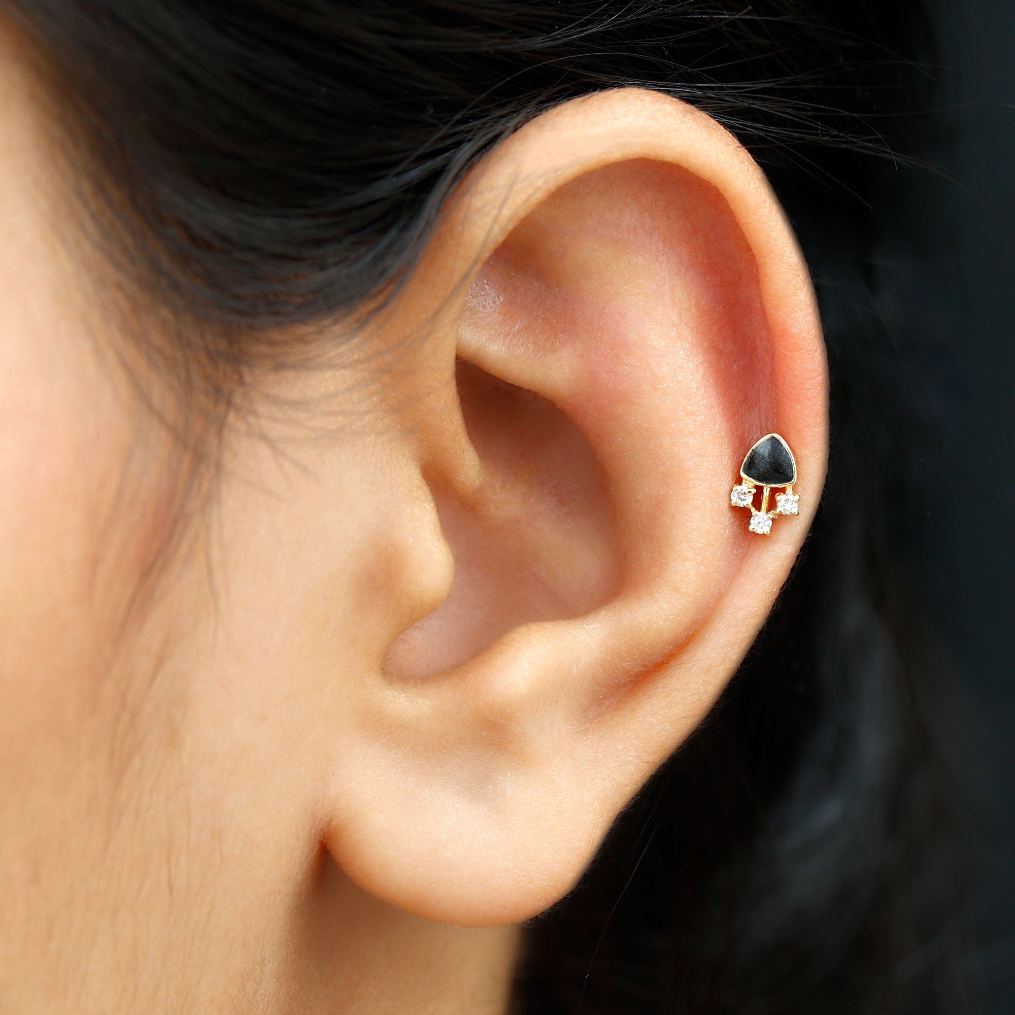 Genuine Diamond and Black Enamel Unique Tragus Earring Natural - ( HI-SI ) - Rosec Jewels