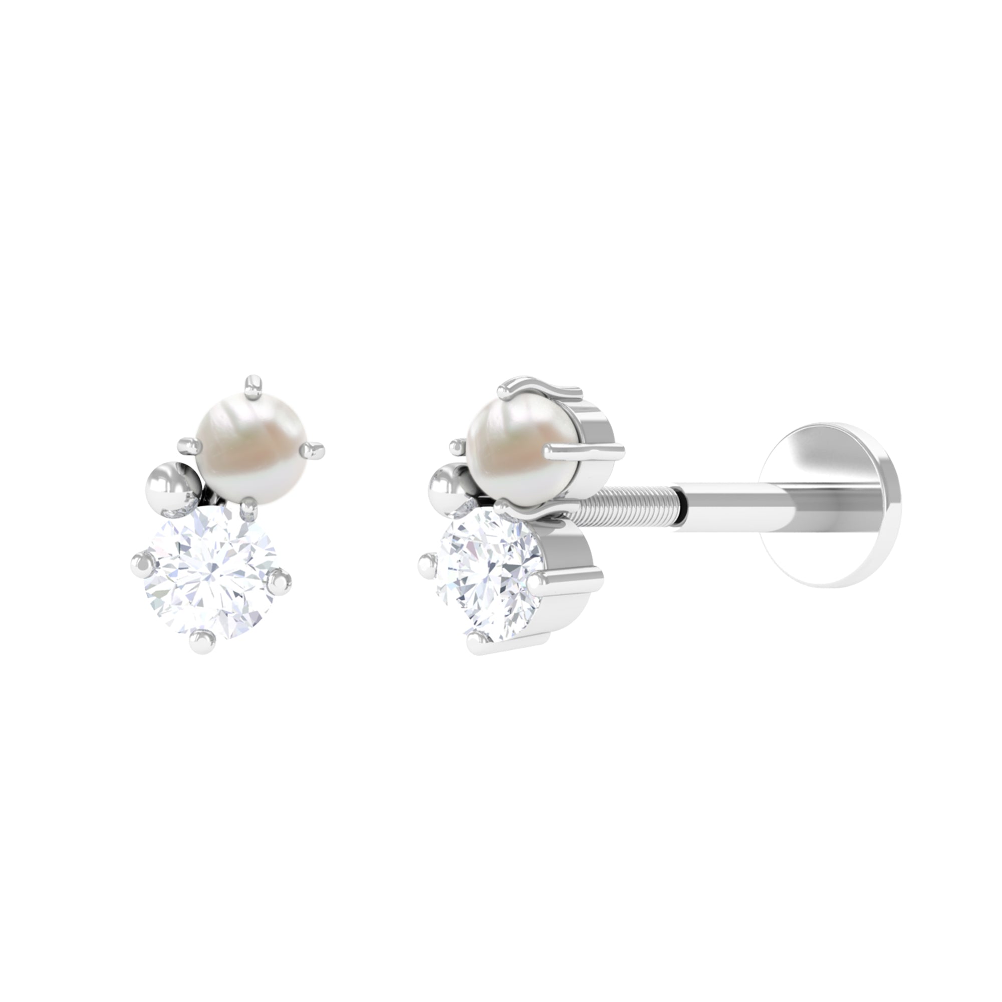 Tiny Freshwater Pearl and Diamond Two Stone Tragus Earring AAA - Rosec Jewels