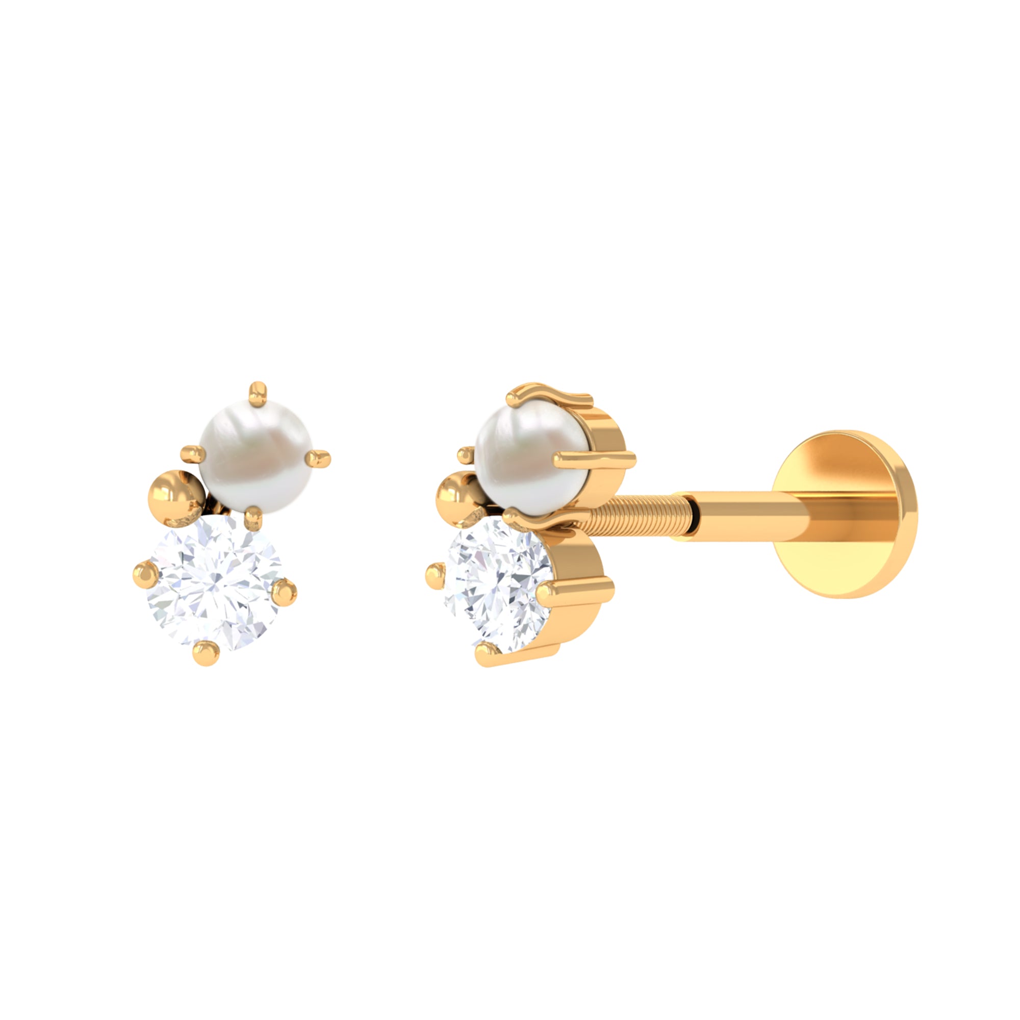 Tiny Freshwater Pearl and Diamond Two Stone Tragus Earring AAA - Rosec Jewels