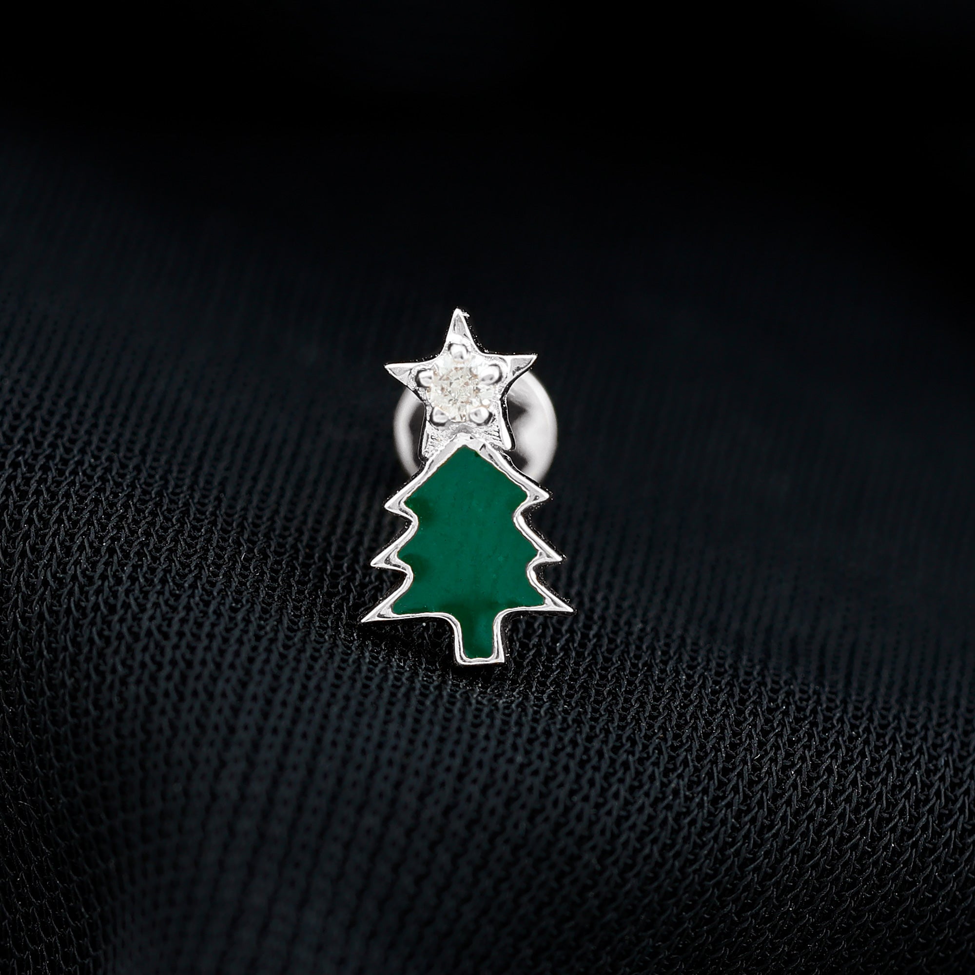 Real Diamond Green Enamel Christmas Tree Cartilage Earring Natural - ( HI-SI ) - Rosec Jewels