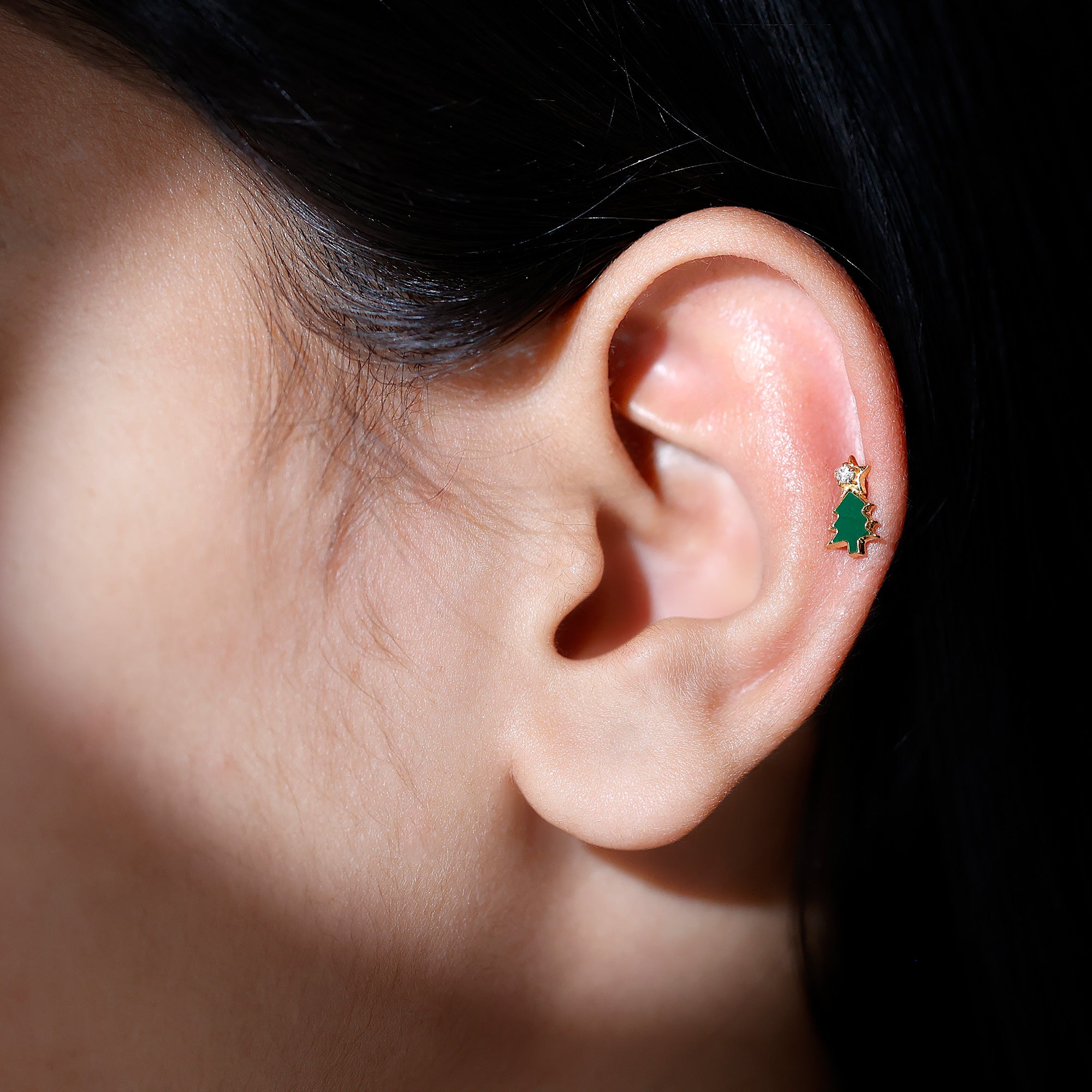 Real Diamond Green Enamel Christmas Tree Cartilage Earring Natural - ( HI-SI ) - Rosec Jewels