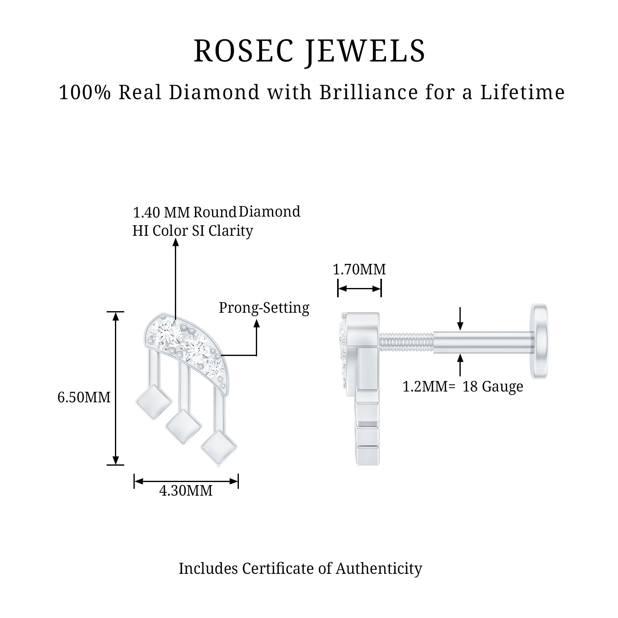 Real Diamond Music Note Earring for Cartilage Piercing Natural - ( HI-SI ) - Rosec Jewels