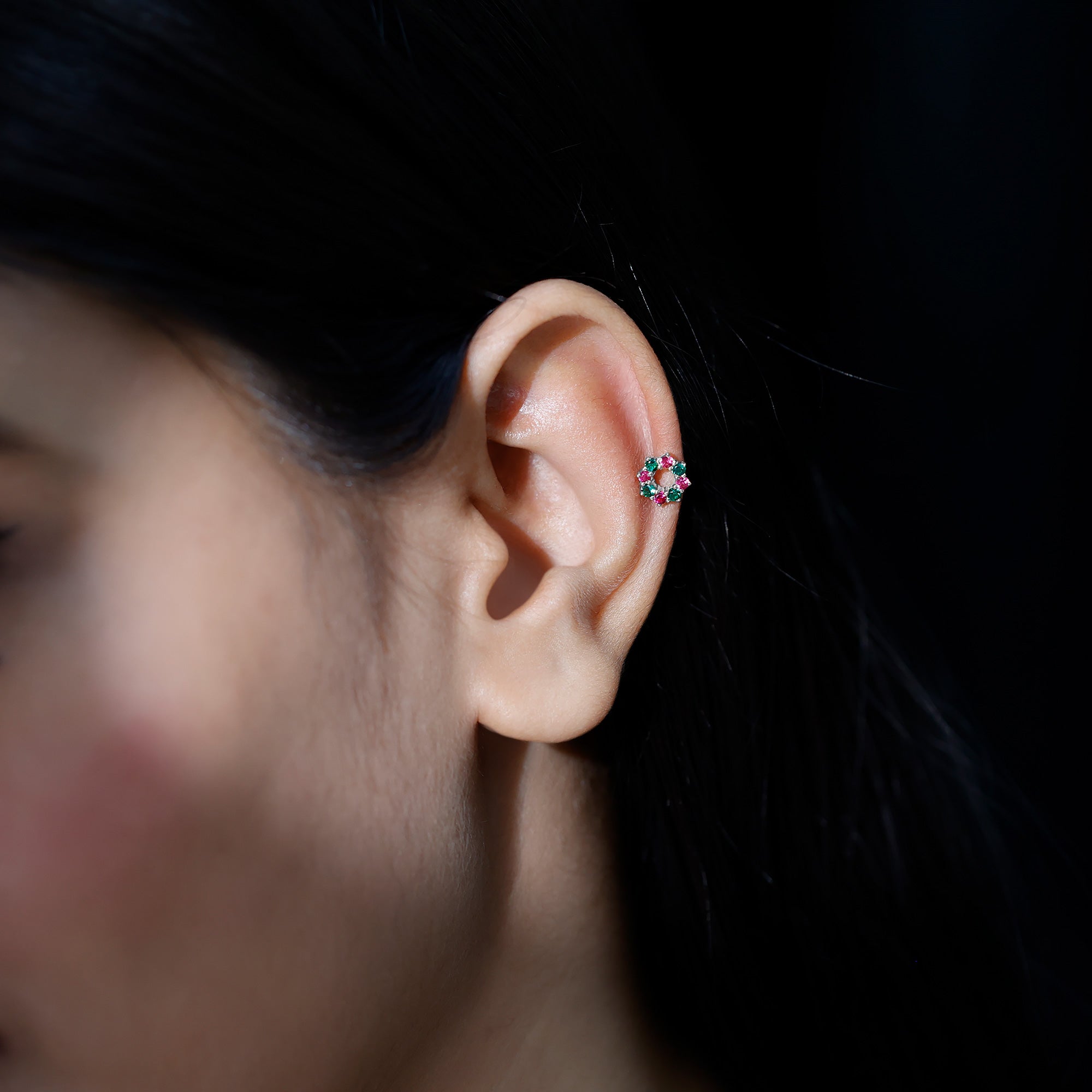 Lab Created Ruby and Created Emerald Wreath Helix Earring AAAA - Rosec Jewels