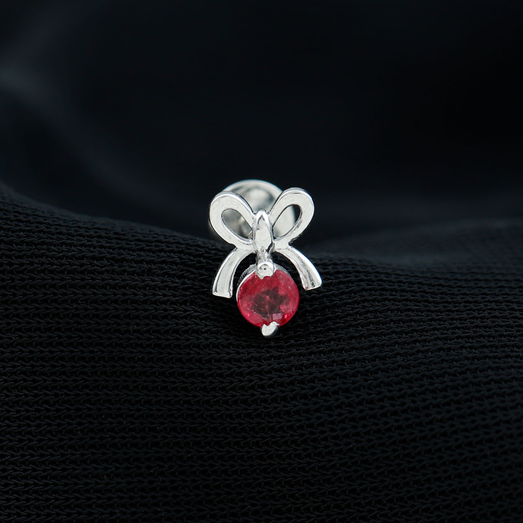 Red Ruby Cute Christmas Bow Cartilage Earring AAA - Rosec Jewels