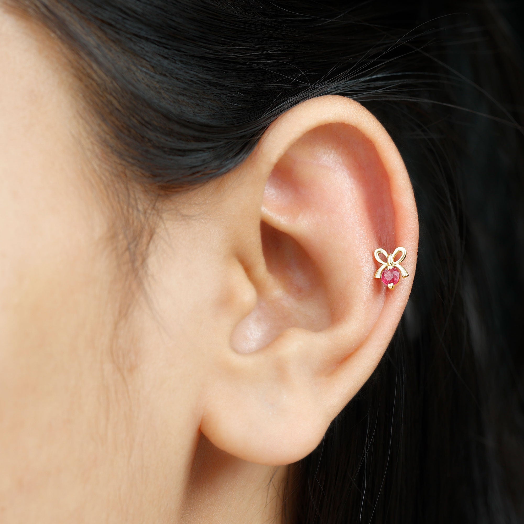 Red Ruby Cute Christmas Bow Cartilage Earring AAA - Rosec Jewels