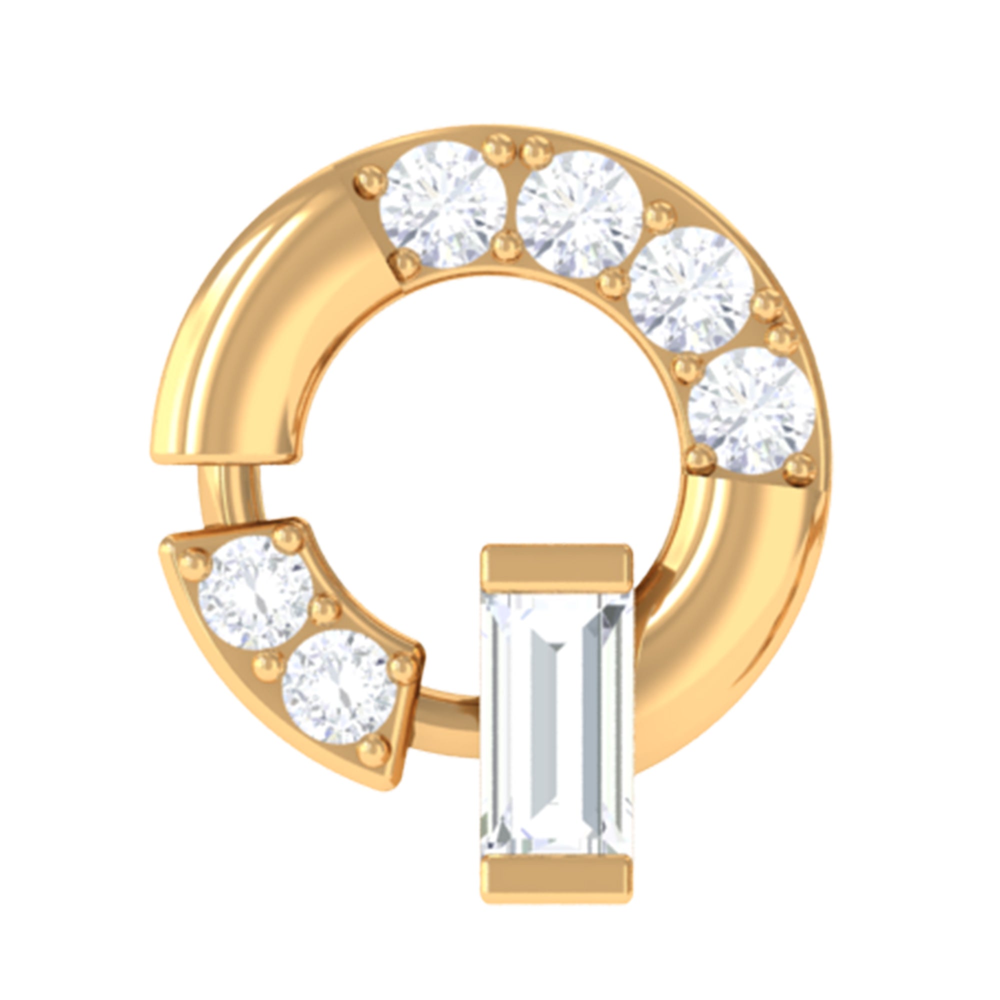 Baguette and Round Moissanite Open Circle Cartilage Earring D-VS1 - Rosec Jewels