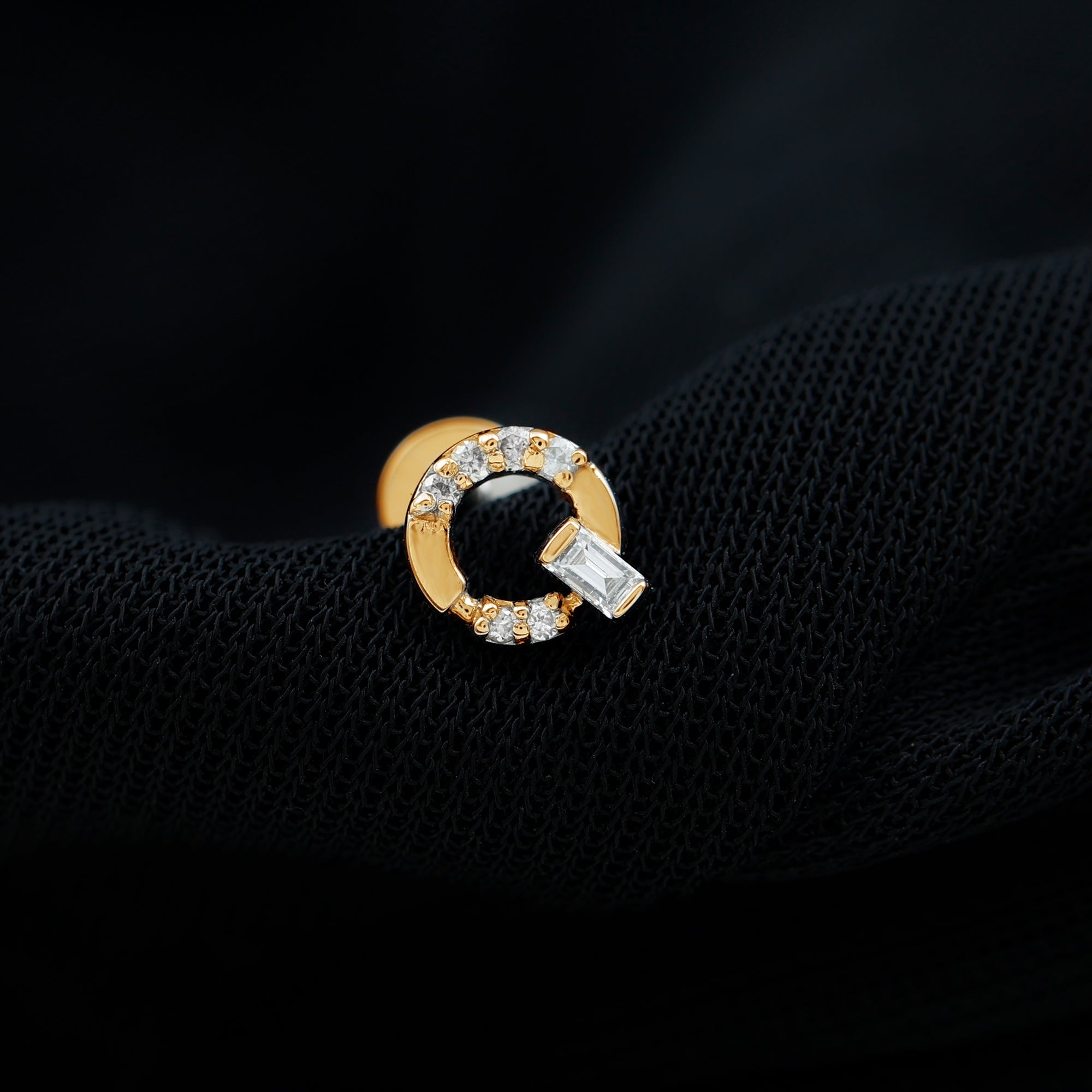 Baguette and Round Moissanite Open Circle Cartilage Earring D-VS1 - Rosec Jewels