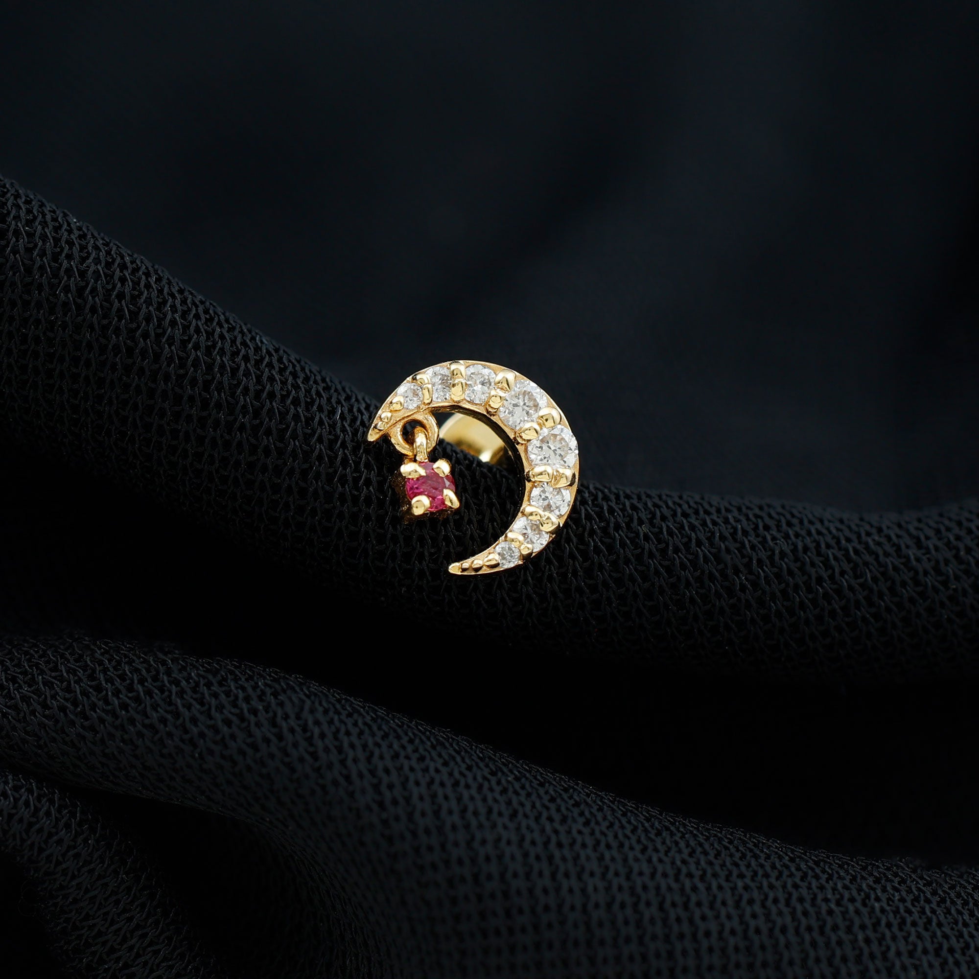 Natural Ruby and Lab Diamond Crescent Moon Helix Earring AAA - Rosec Jewels