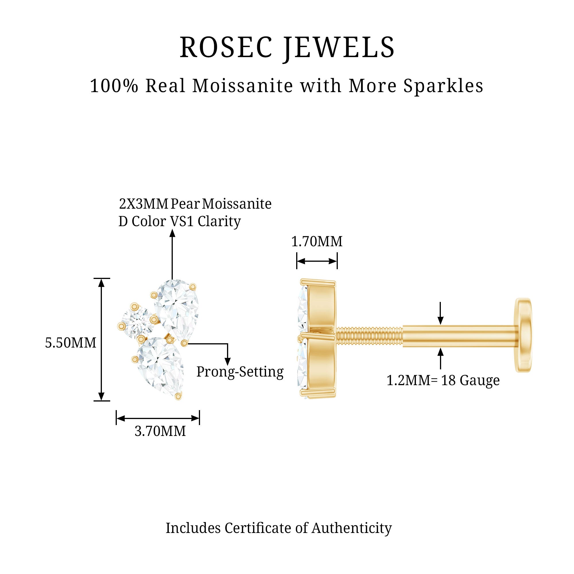 Pear and Round Cut Moissanite Cluster Helix Earring D-VS1 - Rosec Jewels