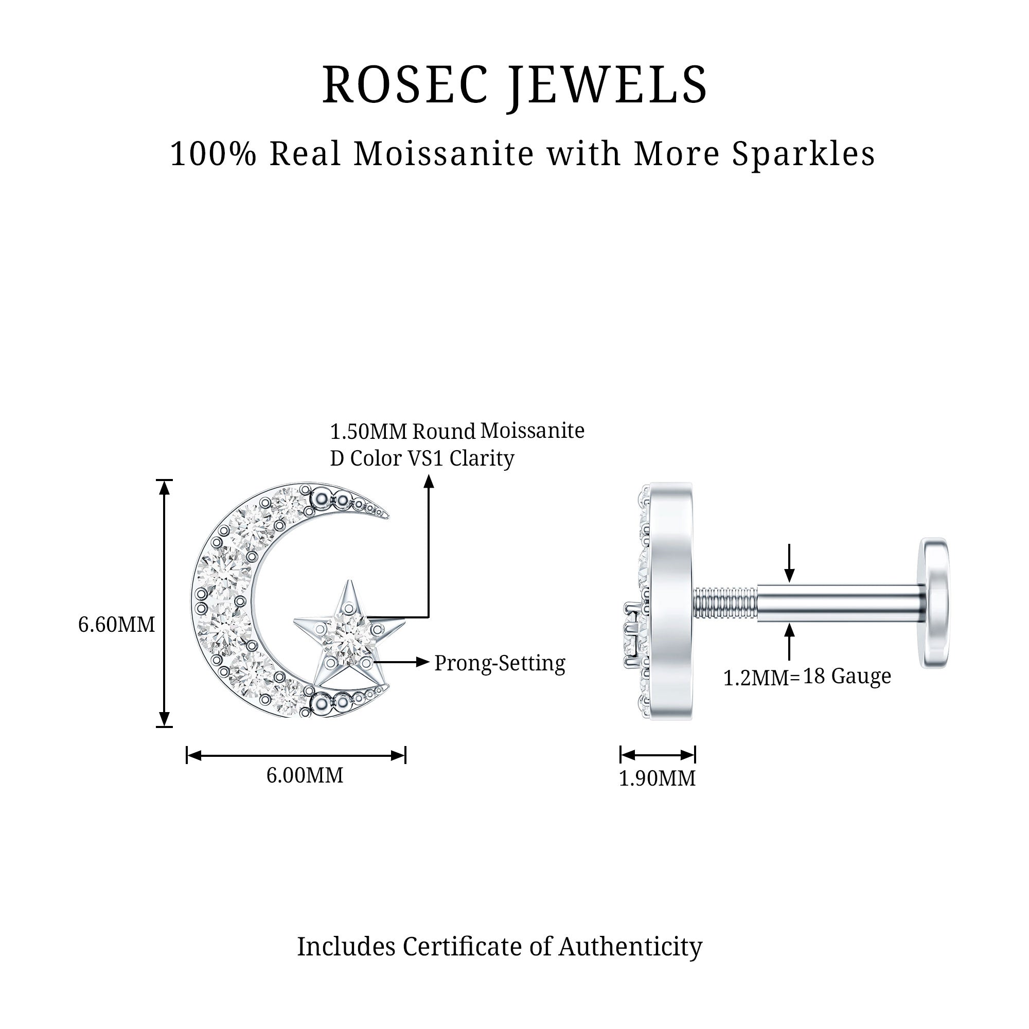 Moissanite Moon and Star Cartilage Earring D-VS1 - Rosec Jewels