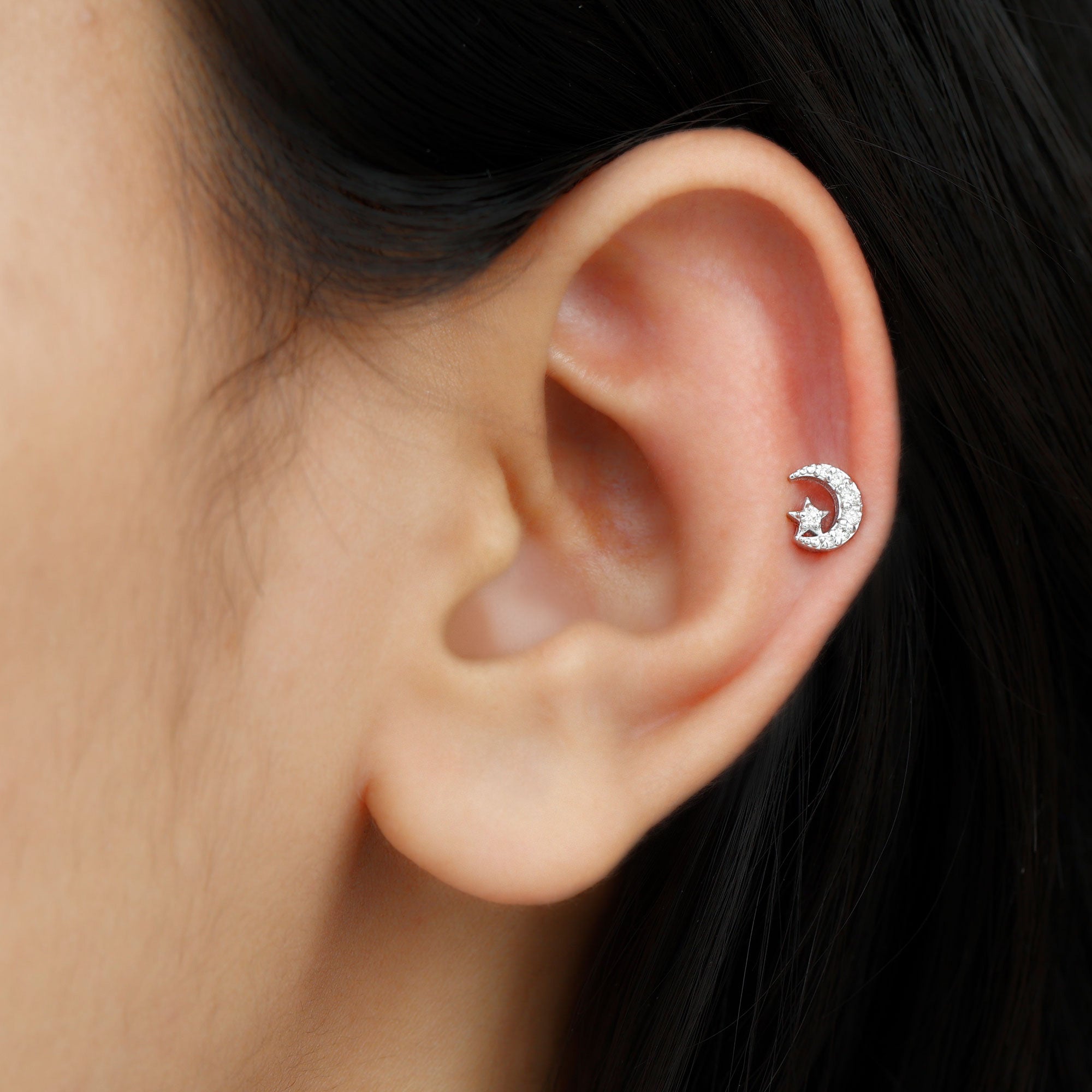 Moissanite Moon and Star Cartilage Earring D-VS1 - Rosec Jewels