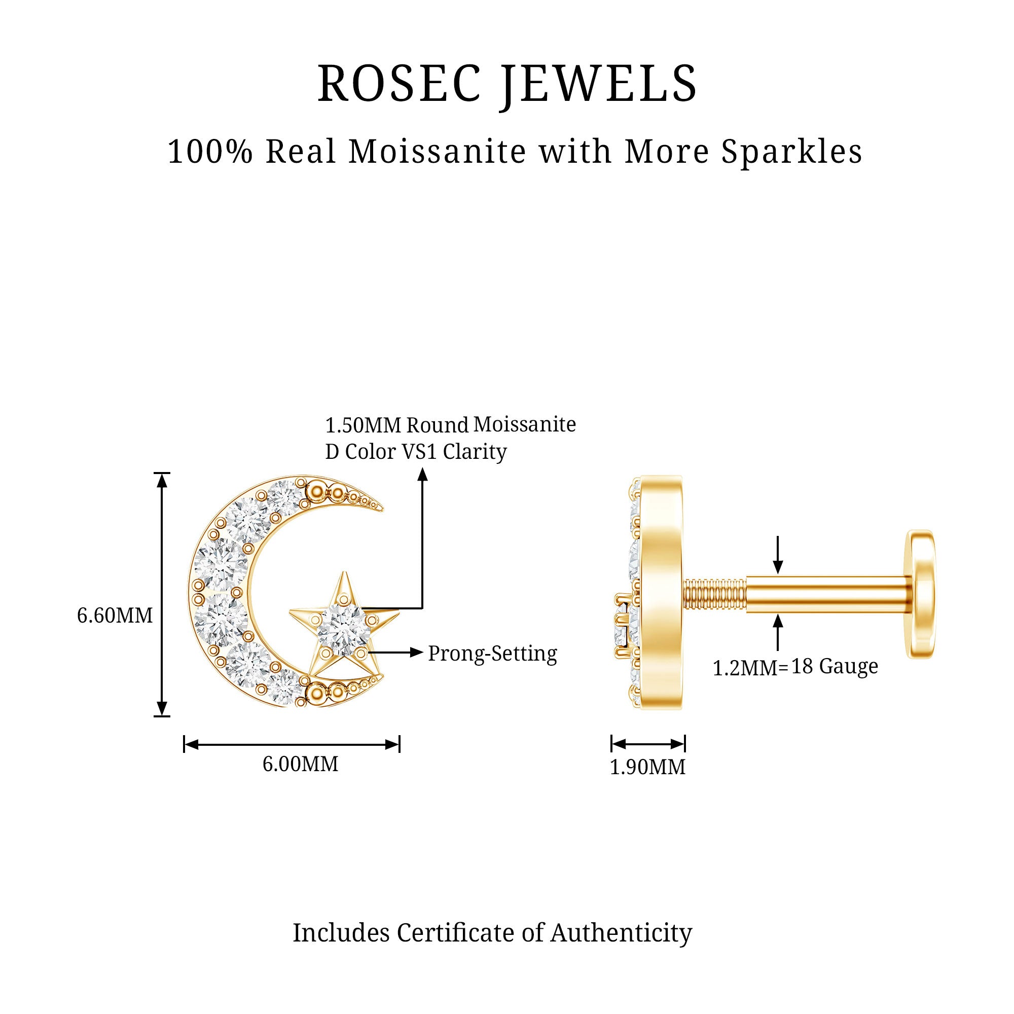 Moissanite Moon and Star Cartilage Earring D-VS1 - Rosec Jewels