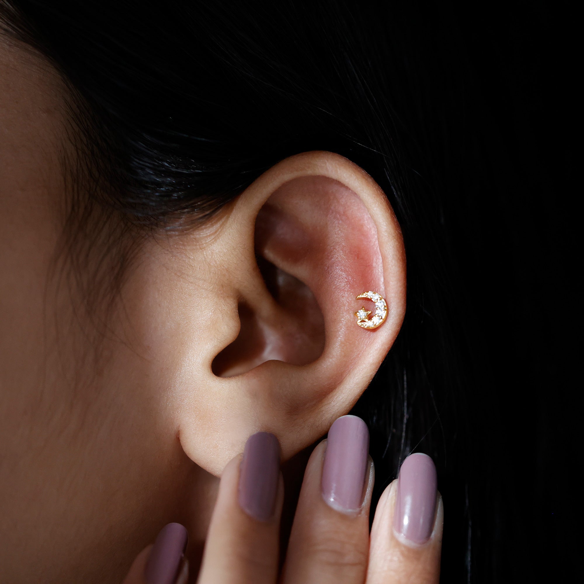 Moissanite Moon and Star Cartilage Earring D-VS1 - Rosec Jewels
