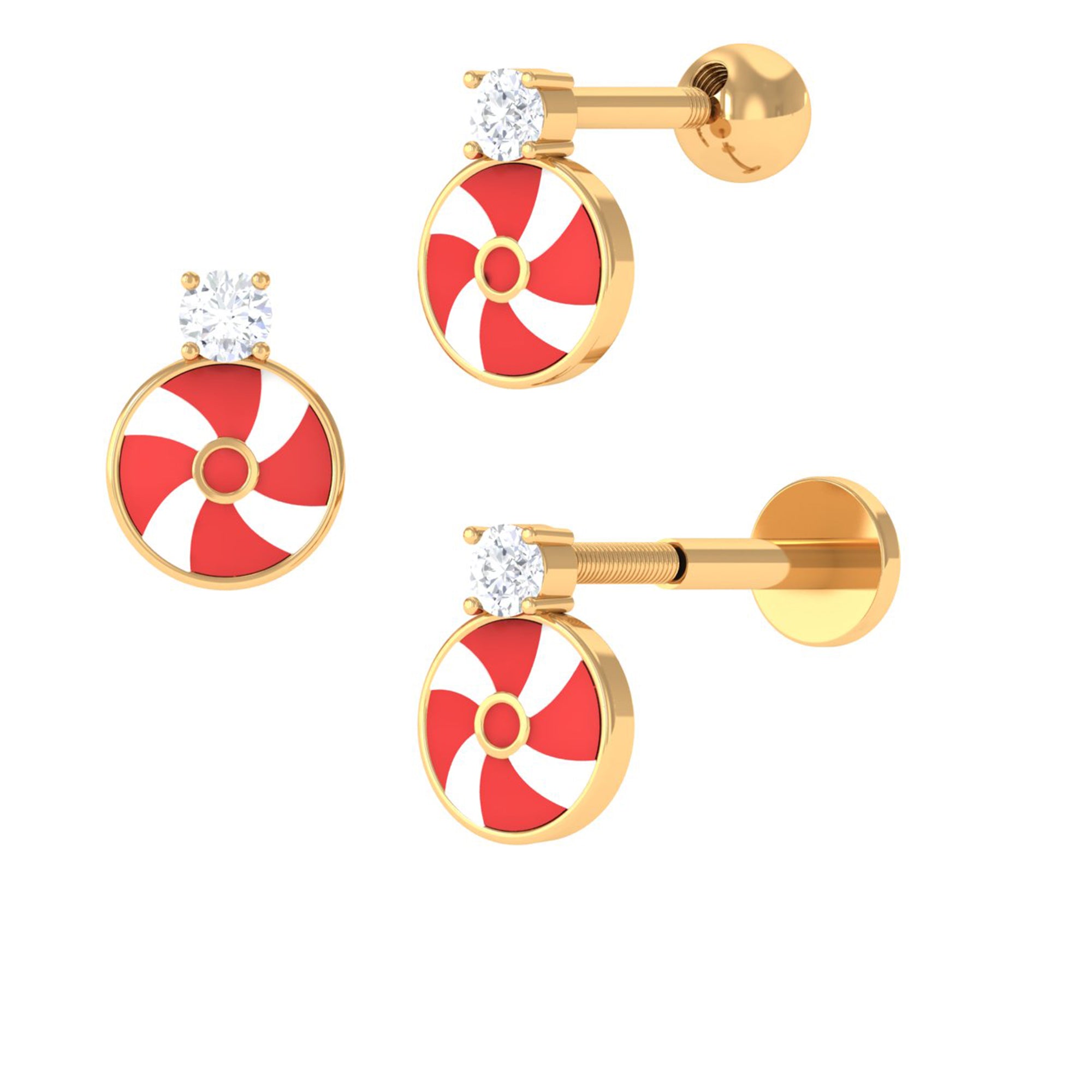 Diamond Peppermint Candy Earring with Red and White Enamel Diamond - ( HI-SI ) - Color and Clarity - Rosec Jewels