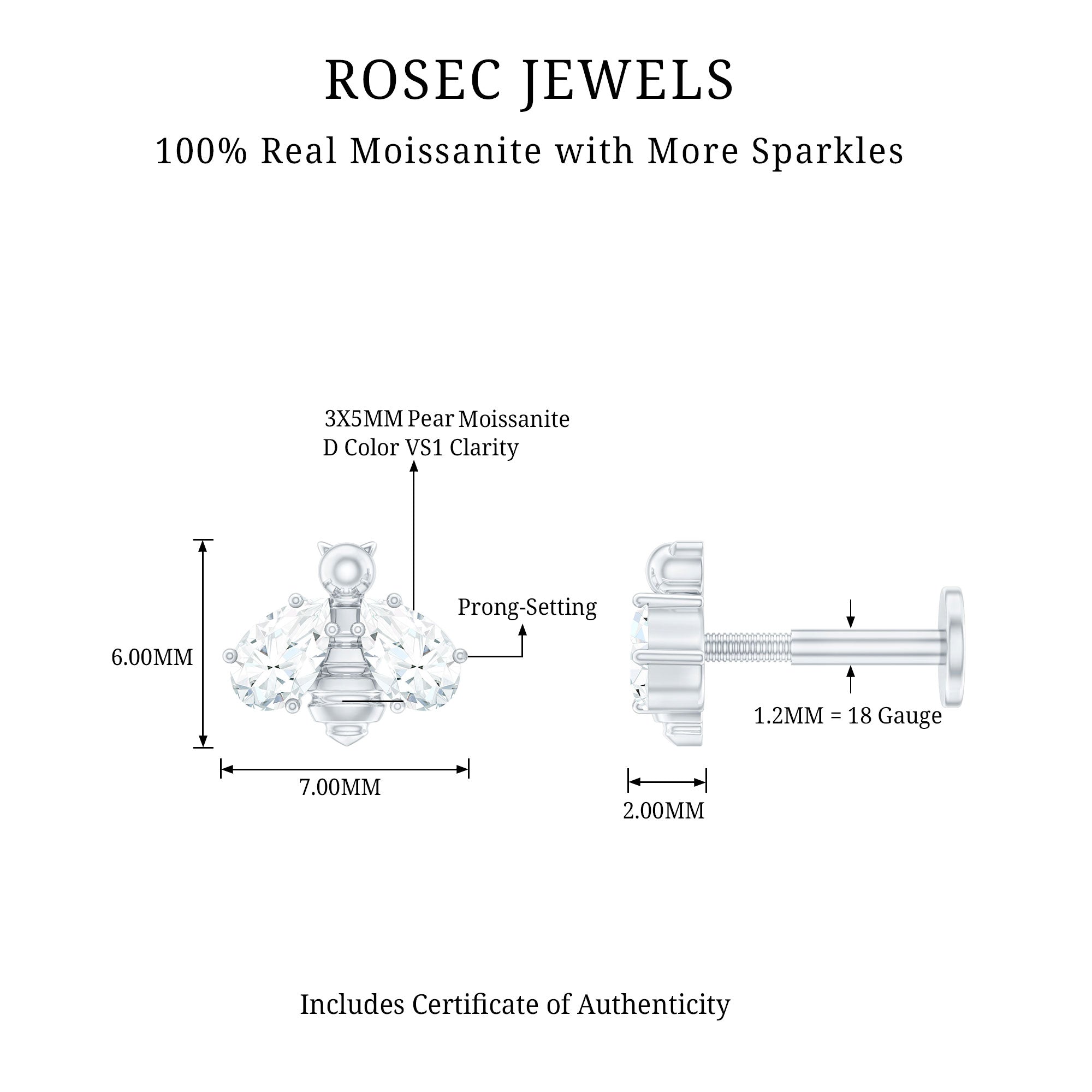 Pear Cut Moissanite Bee Earring for Cartilage Piercing D-VS1 - Rosec Jewels