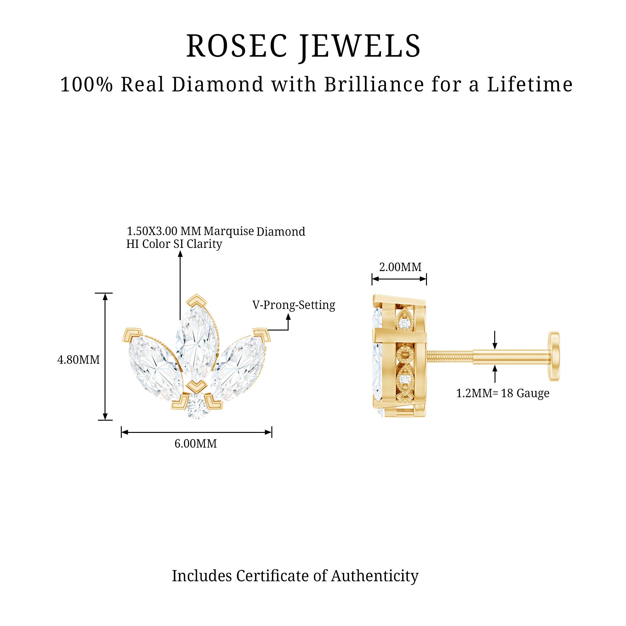 Marquise Diamond Lotus Earring for Cartilage Piercing Natural - ( HI-SI ) - Rosec Jewels