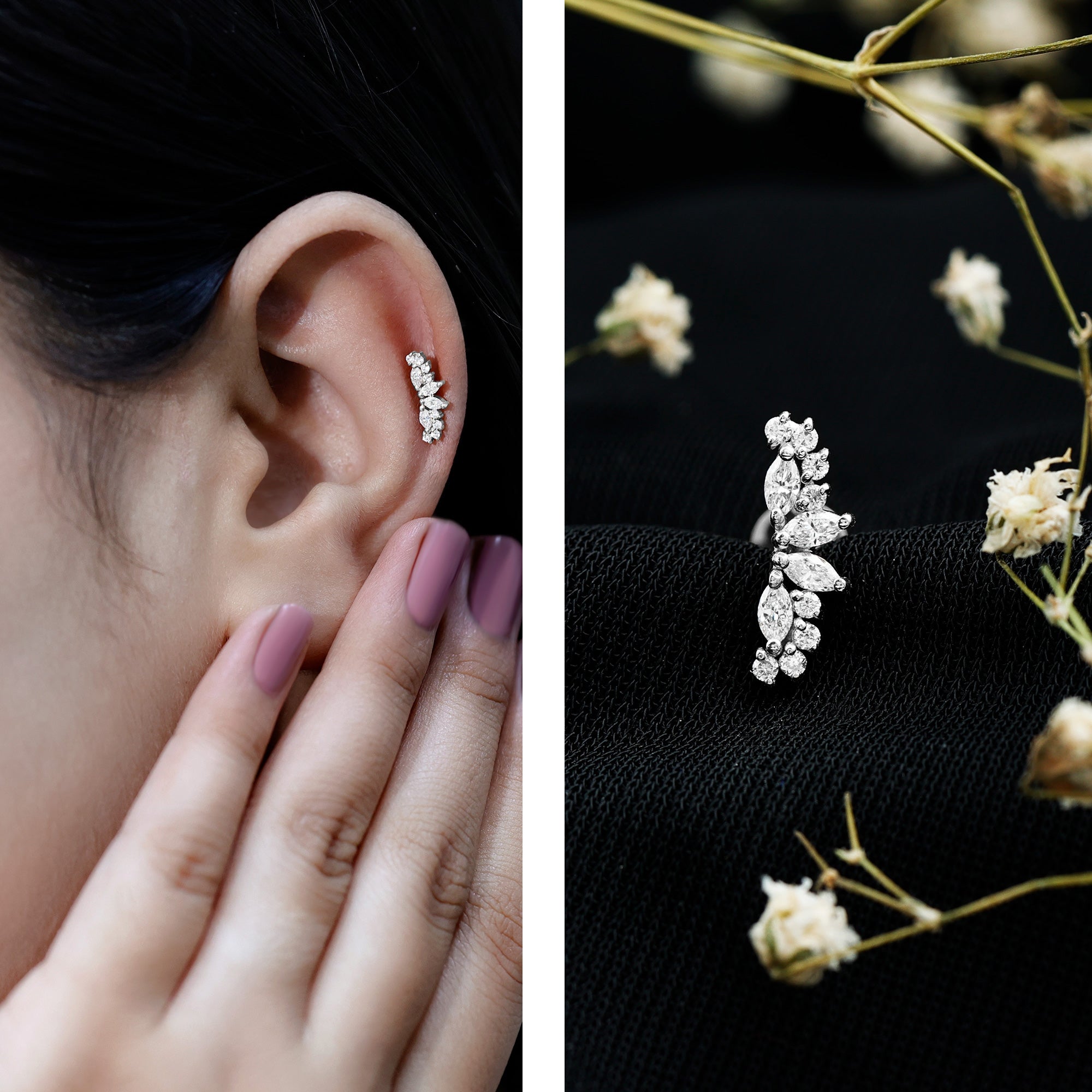 Unique Diamond Crawler Earring for Cartilage Piercing Natural - ( HI-SI ) - Rosec Jewels