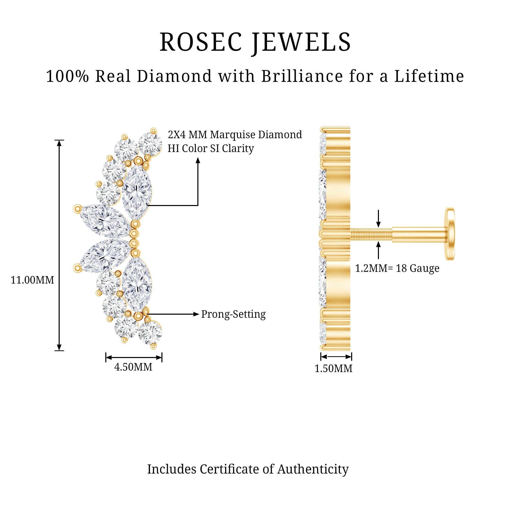 Unique Diamond Crawler Earring for Cartilage Piercing Natural - ( HI-SI ) - Rosec Jewels