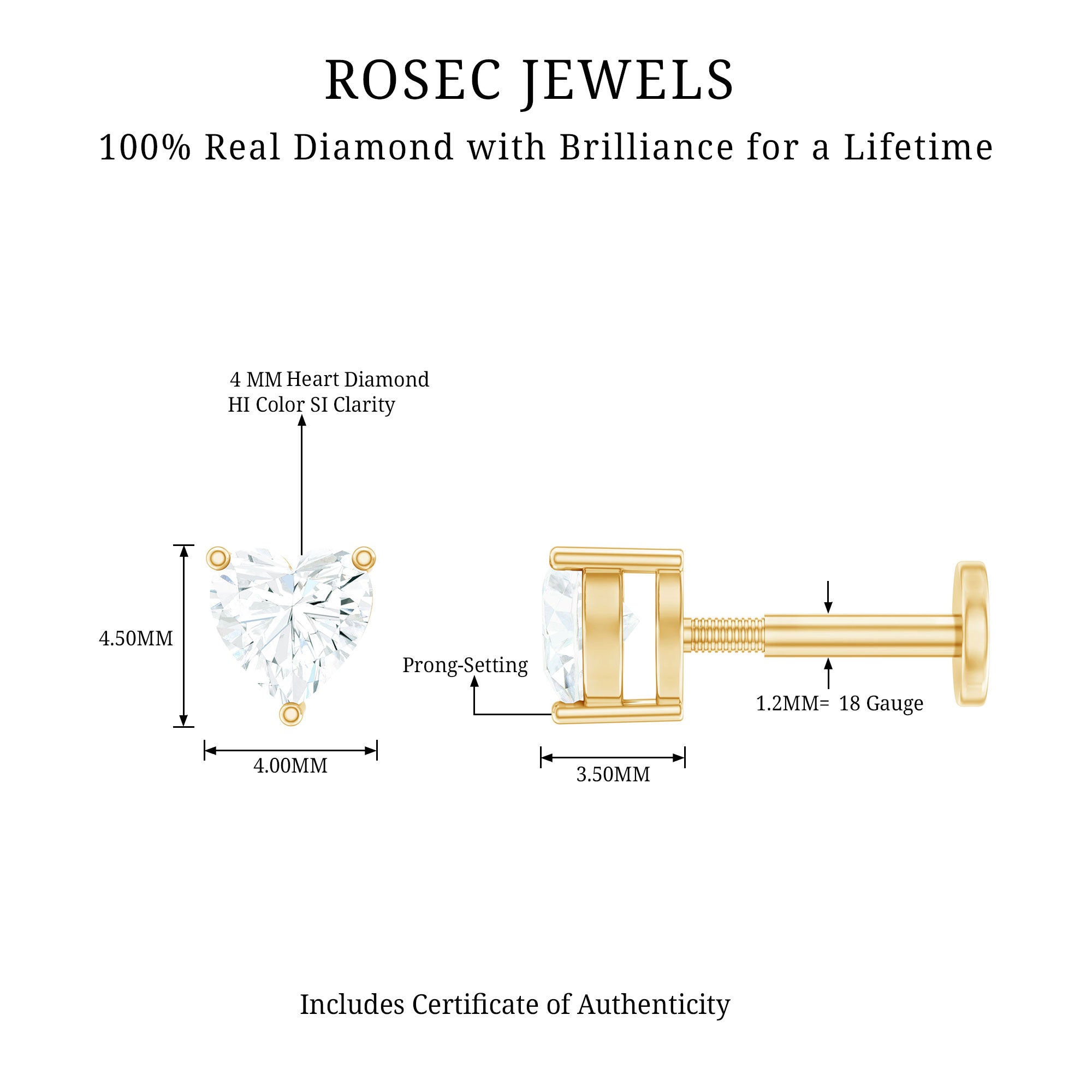 Solitaire Diamond Heart Earring with Flat Back Natural - ( HI-SI ) - Rosec Jewels