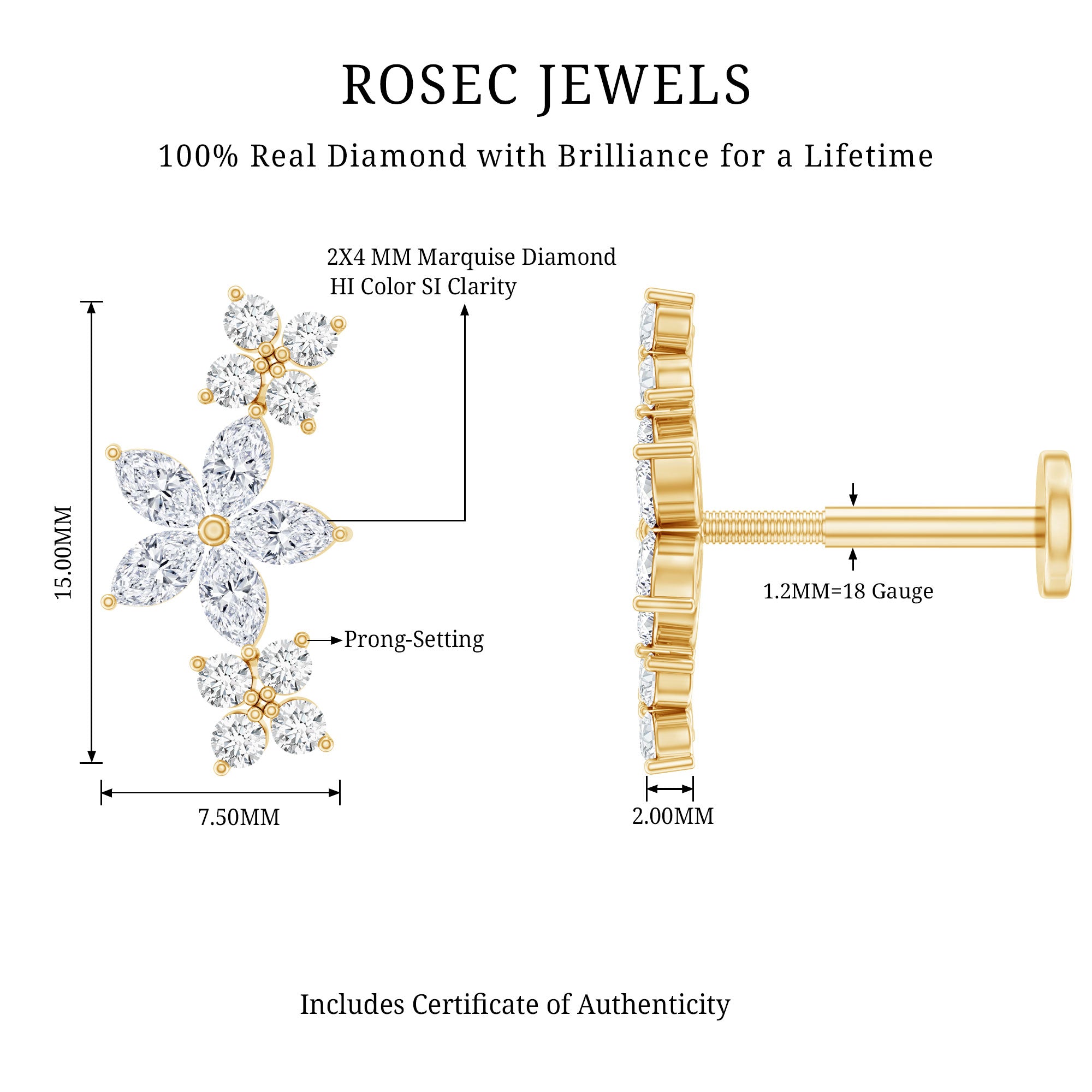 Cartilage Flower Crawler Earring with Diamond Natural - ( HI-SI ) - Rosec Jewels