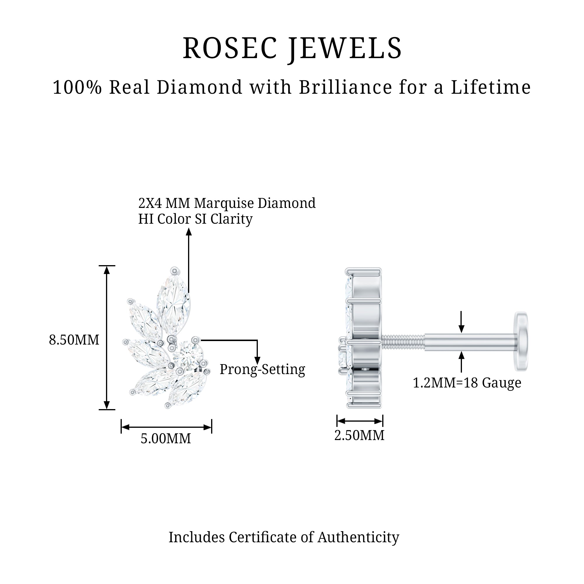 Marquise Diamond Leaf Cluster Earring for Cartilage Piercing Natural - ( HI-SI ) - Rosec Jewels