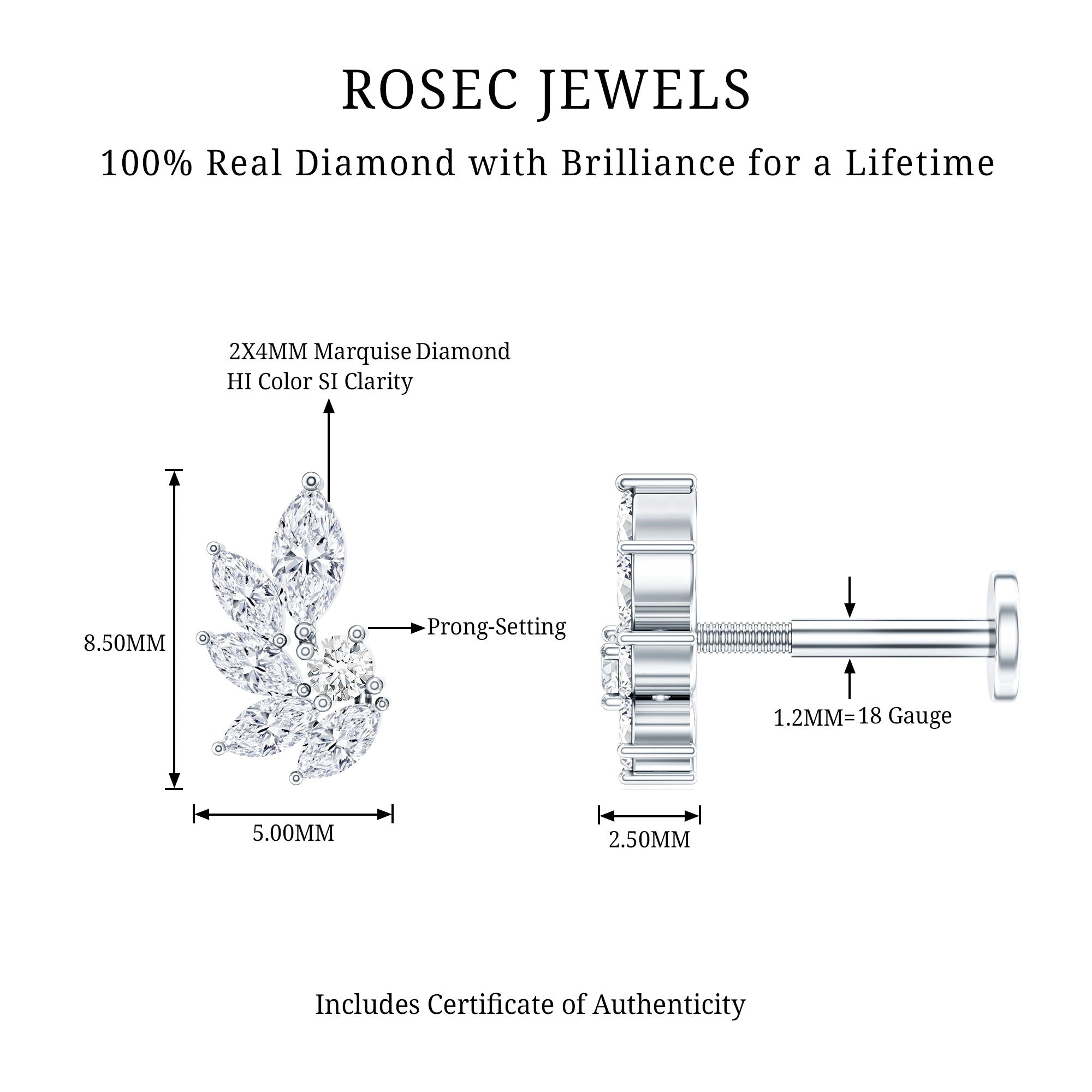 Marquise Diamond Leaf Cluster Earring for Cartilage Piercing Natural - ( HI-SI ) - Rosec Jewels