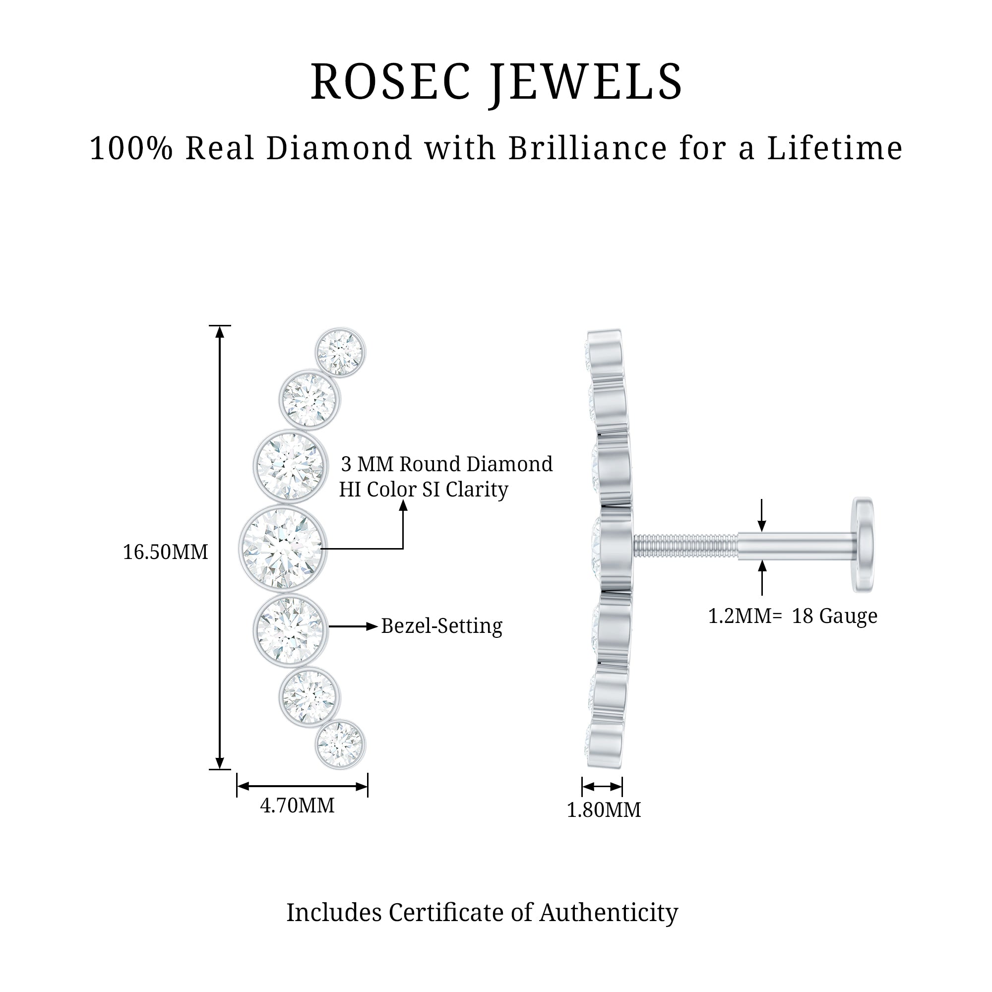 Graduated Diamond Crawler Helix Earring in Bezel Set Natural - ( HI-SI ) - Rosec Jewels