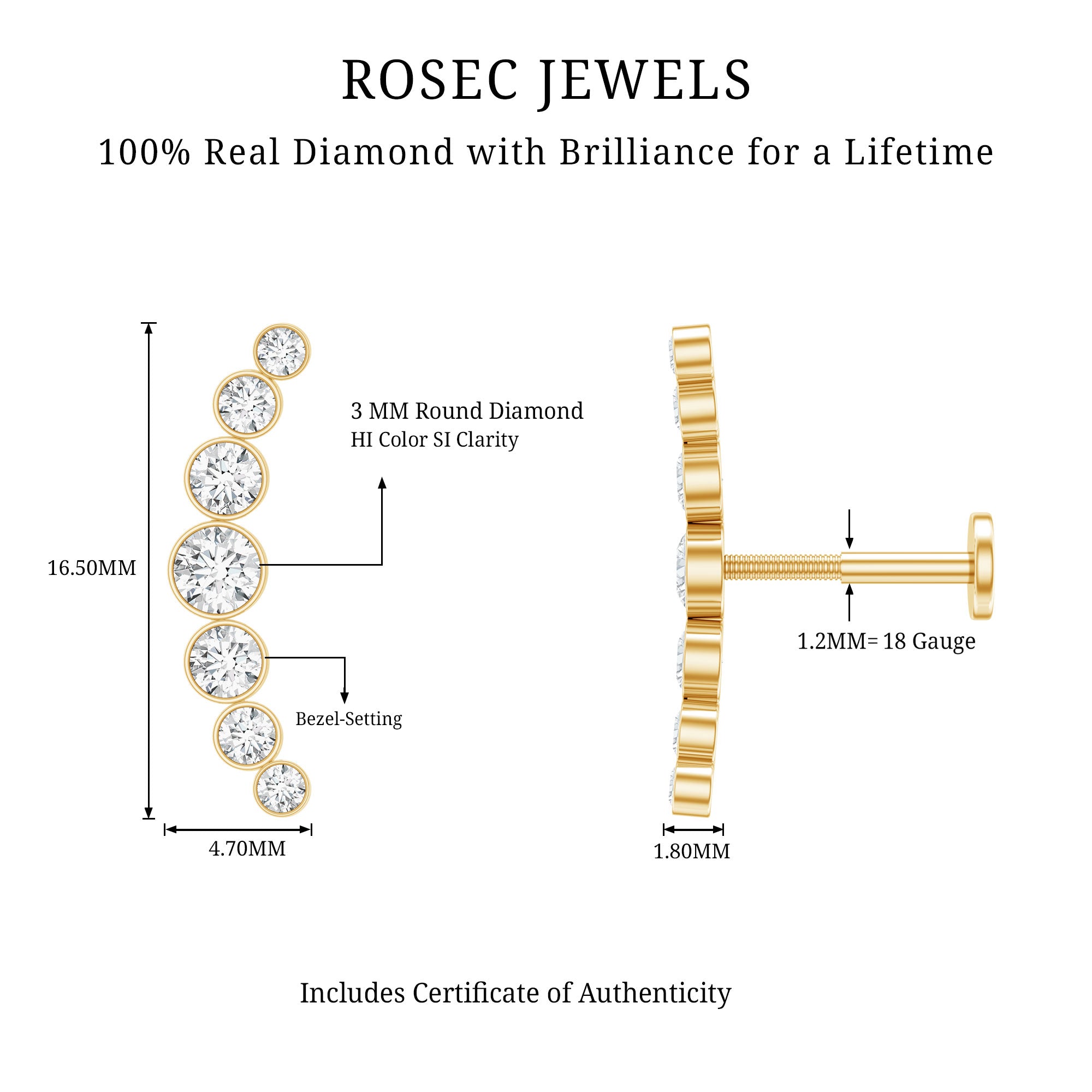 Graduated Diamond Crawler Helix Earring in Bezel Set Natural - ( HI-SI ) - Rosec Jewels