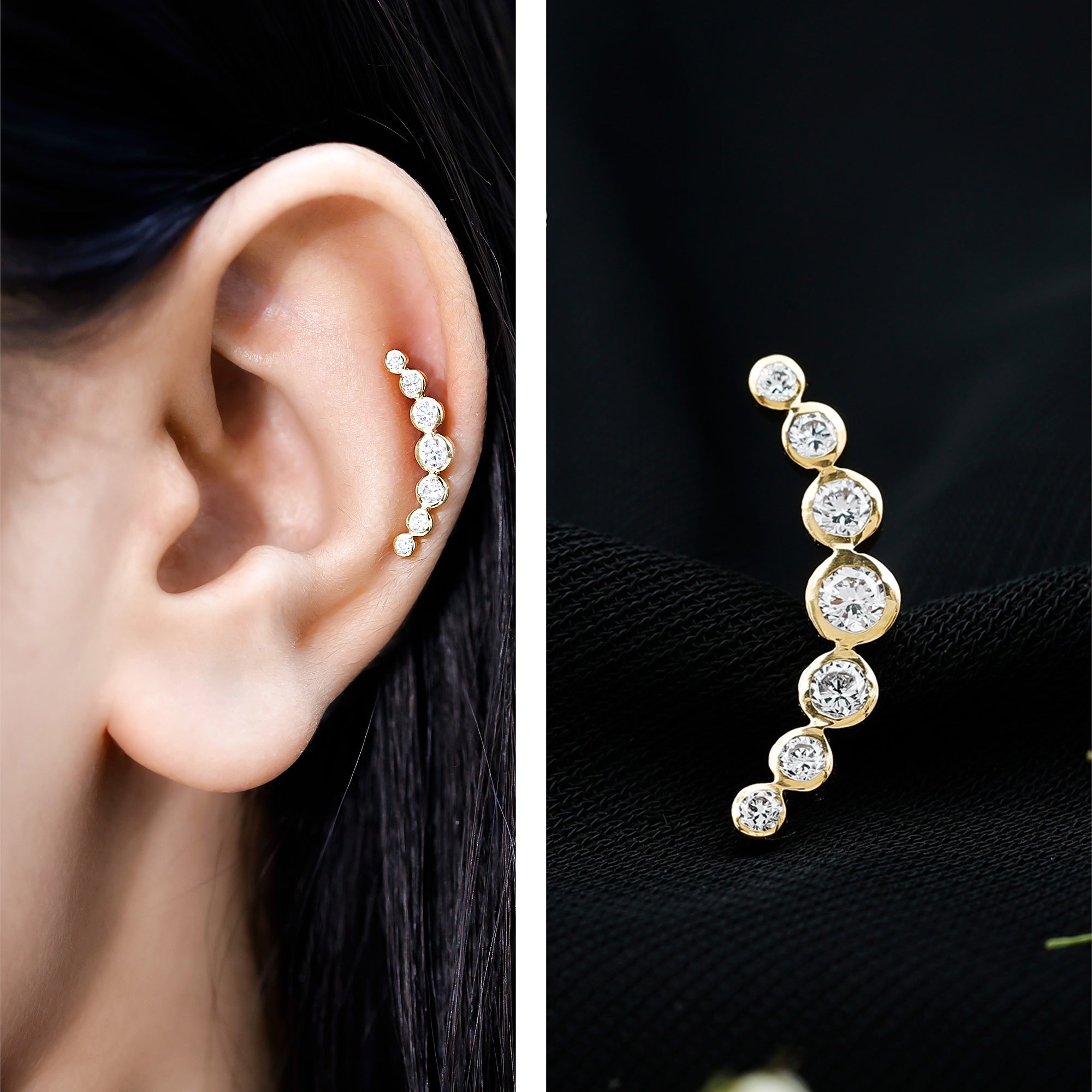Graduated Diamond Crawler Helix Earring in Bezel Set Natural - ( HI-SI ) - Rosec Jewels