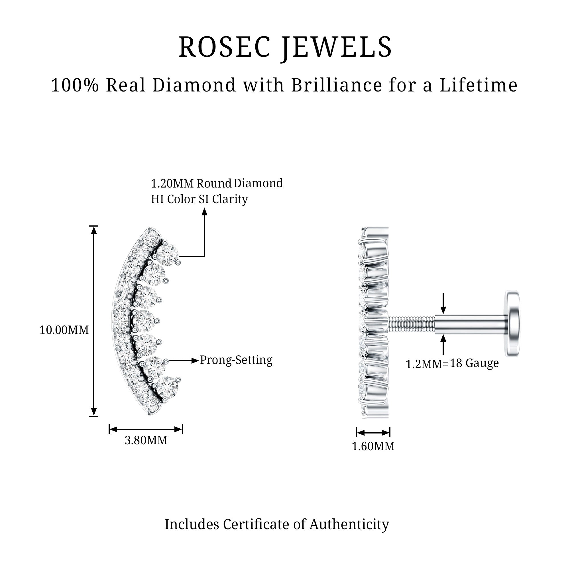 Certified Diamond Curved Cartilage Earring for Women Natural - ( HI-SI ) - Rosec Jewels