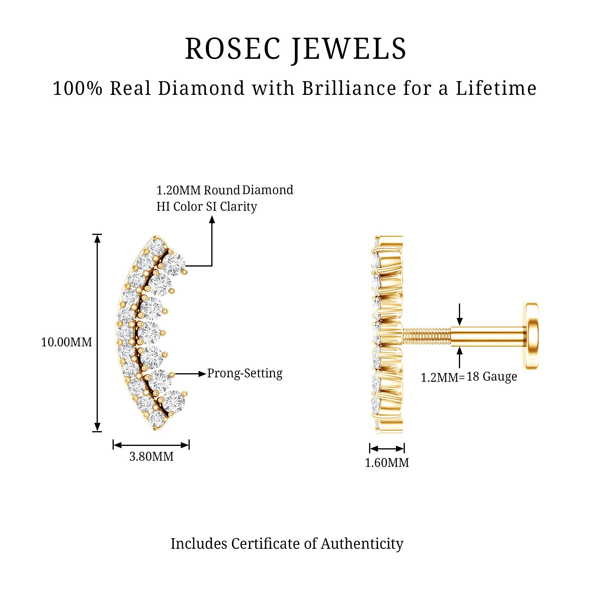 Certified Diamond Curved Cartilage Earring for Women Natural - ( HI-SI ) - Rosec Jewels