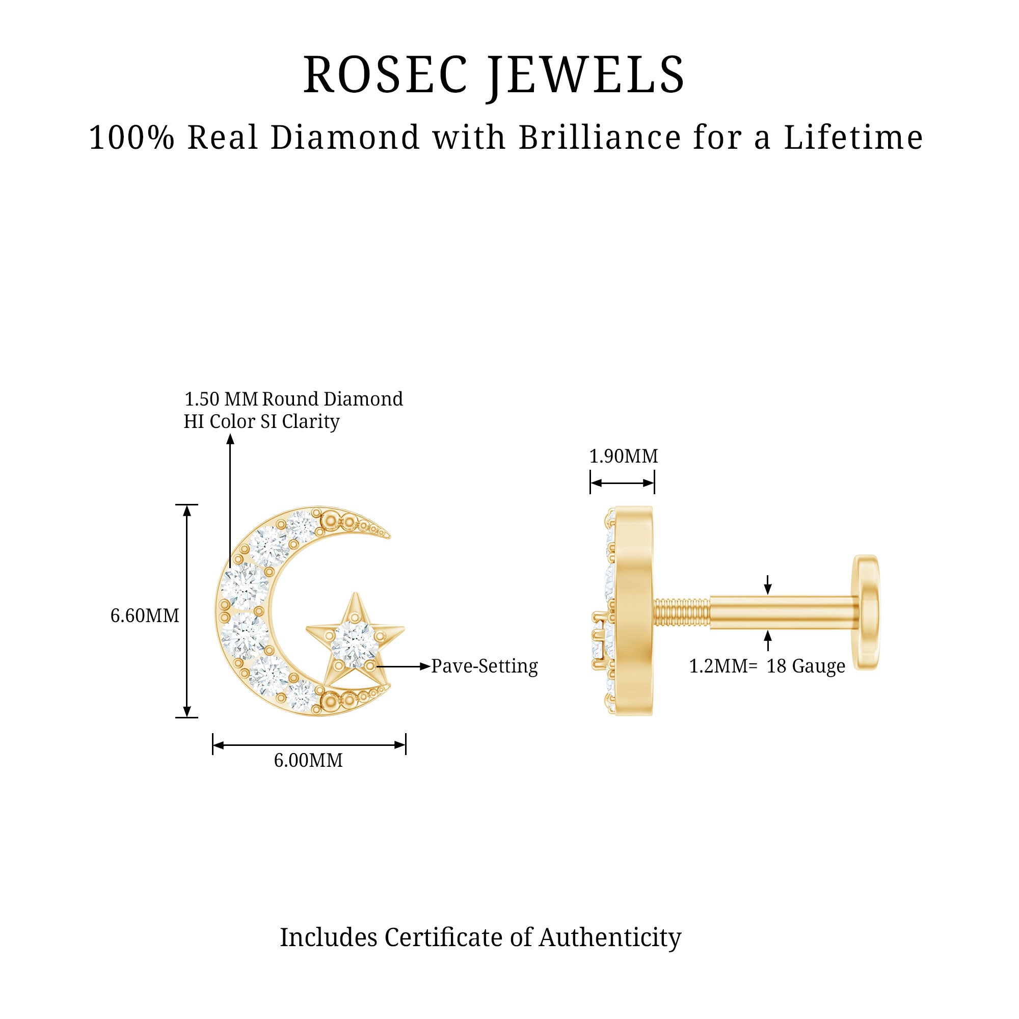 Certified Diamond Crescent Moon Helix Earring with Star Natural - ( HI-SI ) - Rosec Jewels