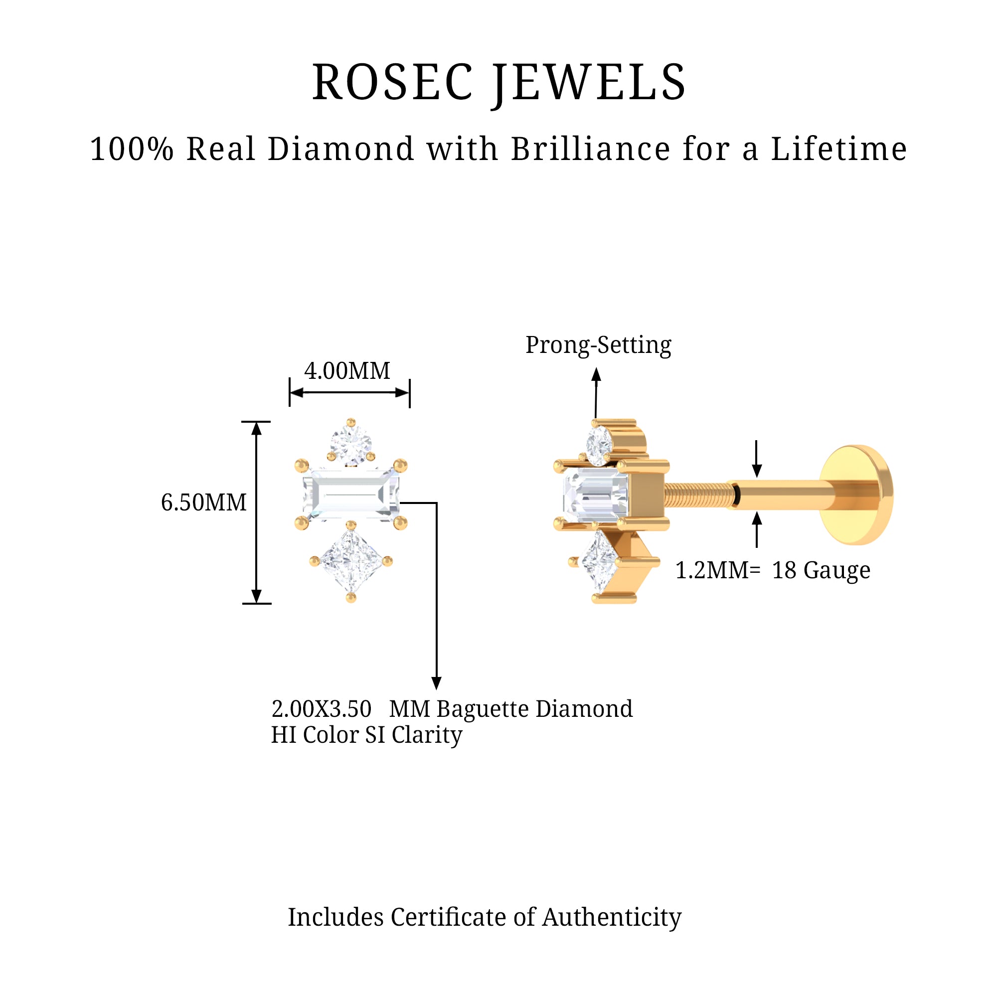 Genuine Diamond Three Stone Earring for Tragus Piercing Natural - ( HI-SI ) - Rosec Jewels