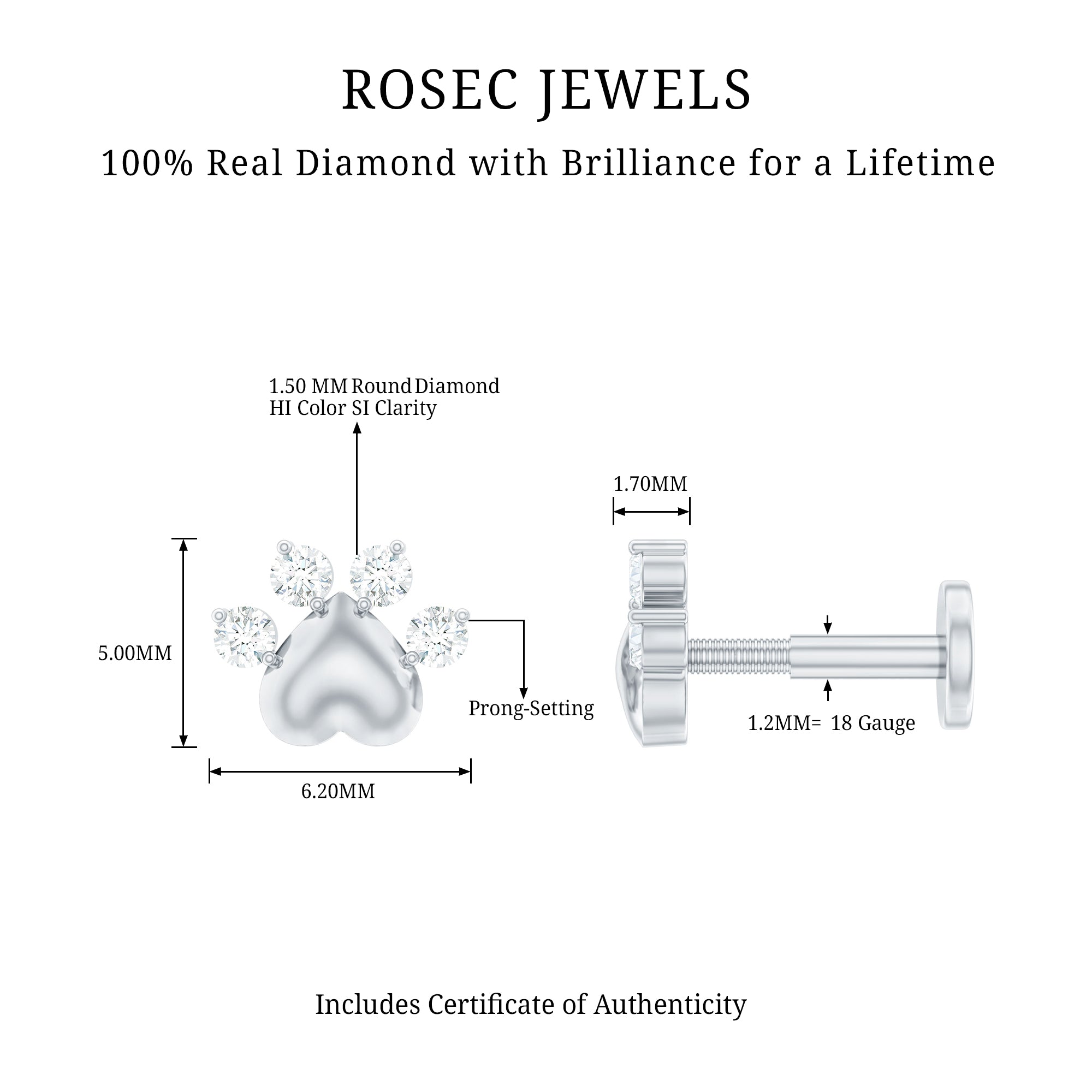 Diamond and Heart Dog Paw Print Cartilage Earring Natural - ( HI-SI ) - Rosec Jewels