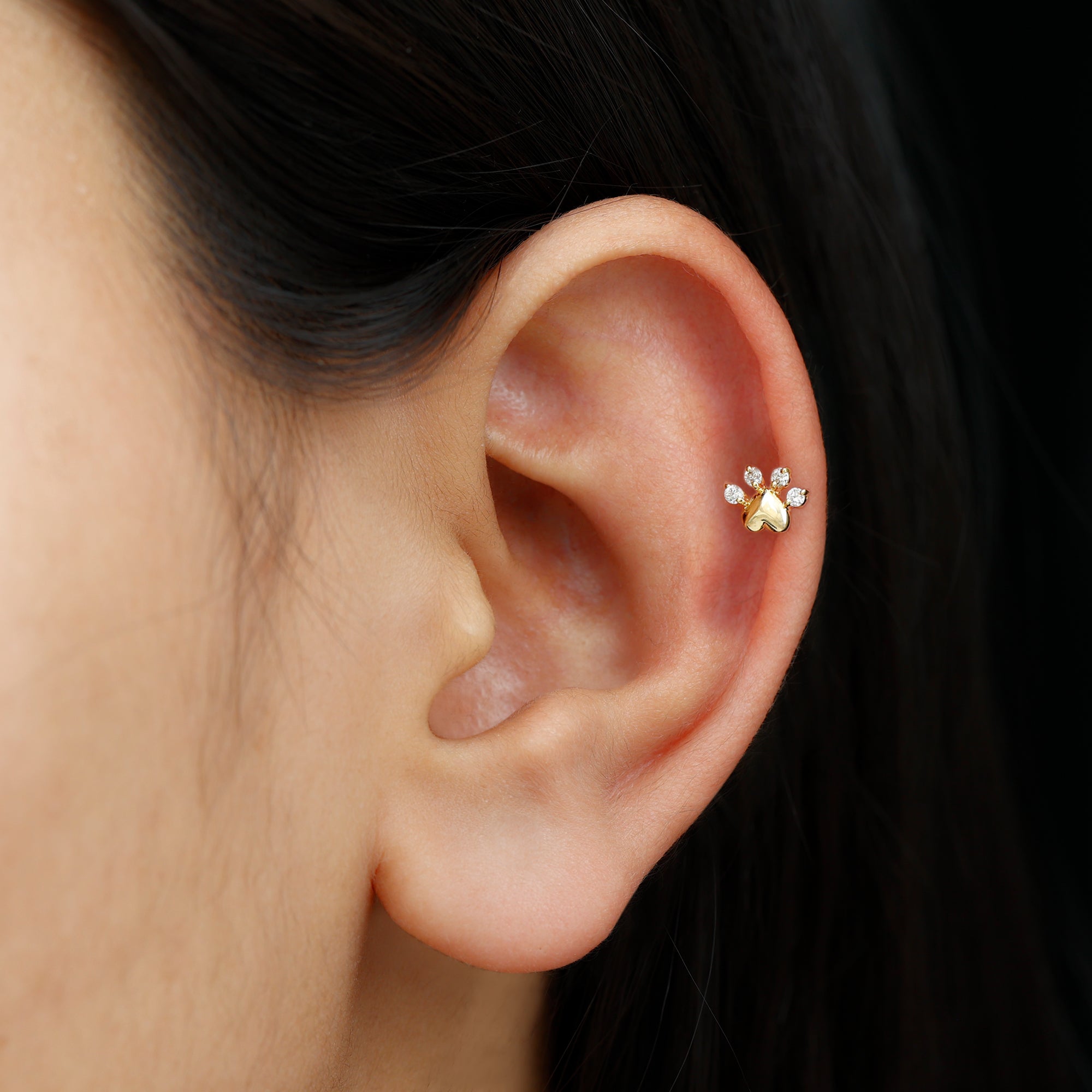 Diamond and Heart Dog Paw Print Cartilage Earring Natural - ( HI-SI ) - Rosec Jewels